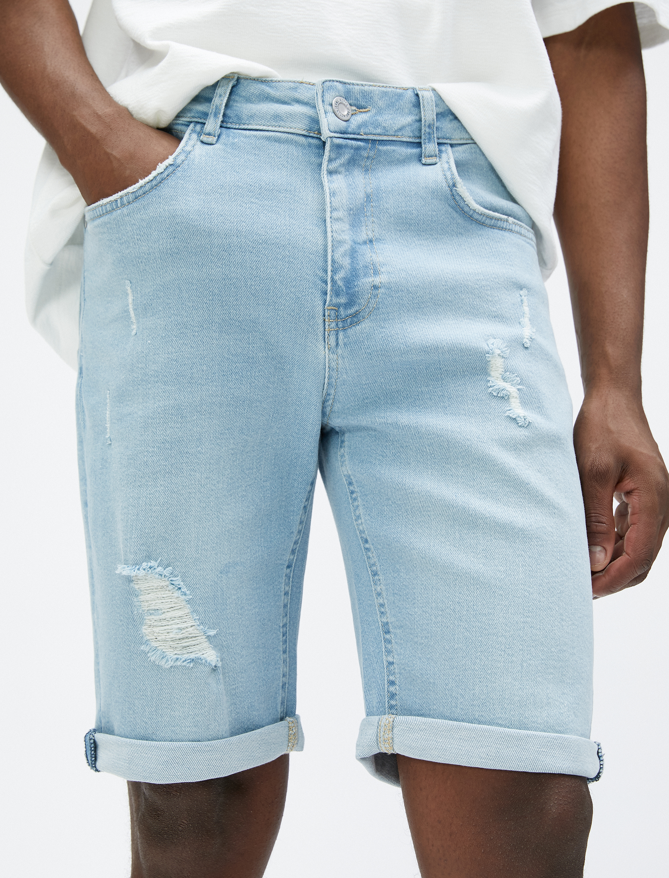   Yırtık Kot Şort Bermuda Katlı Paça Detaylı Düğmeli Pamuklu