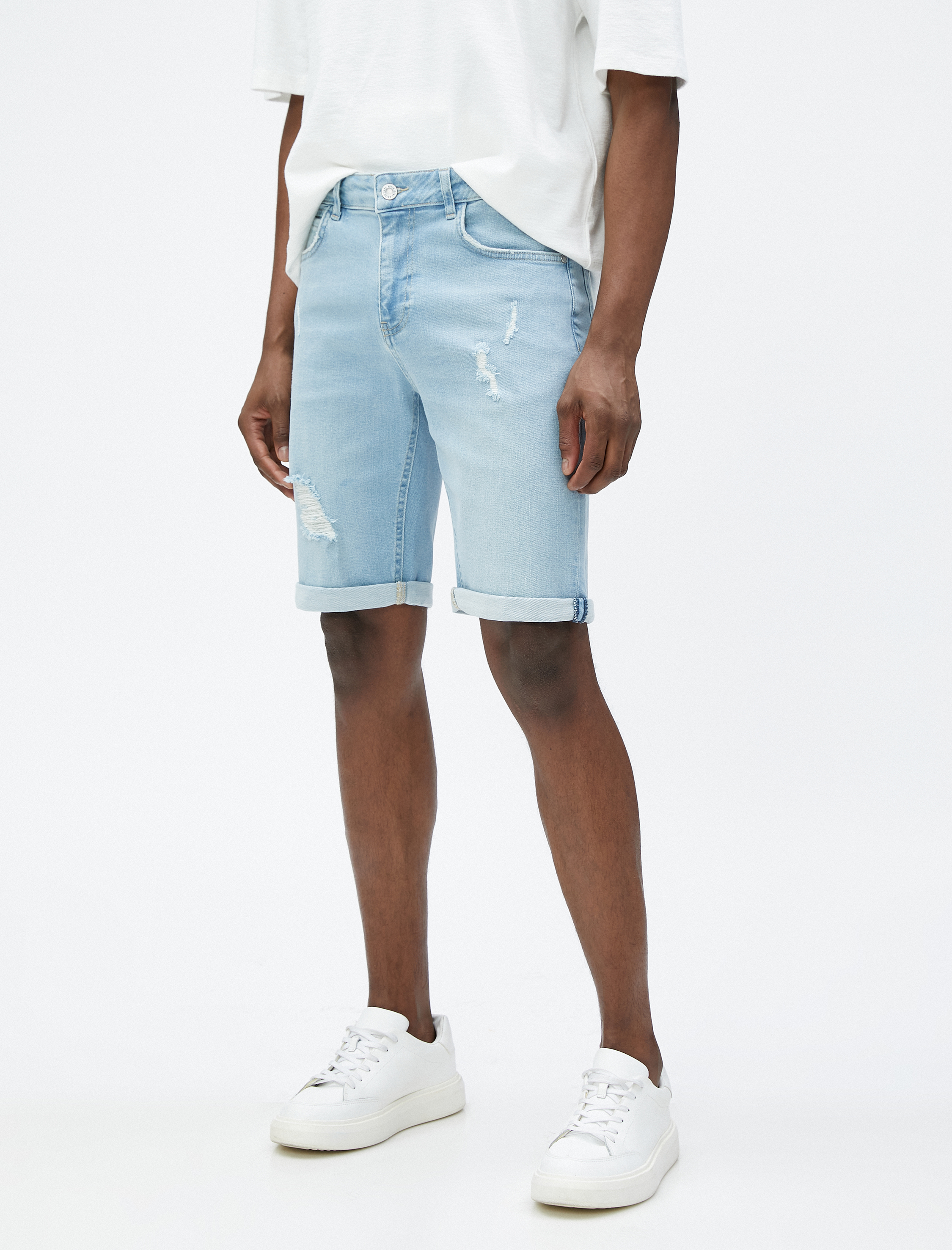   Yırtık Kot Şort Bermuda Katlı Paça Detaylı Düğmeli Pamuklu