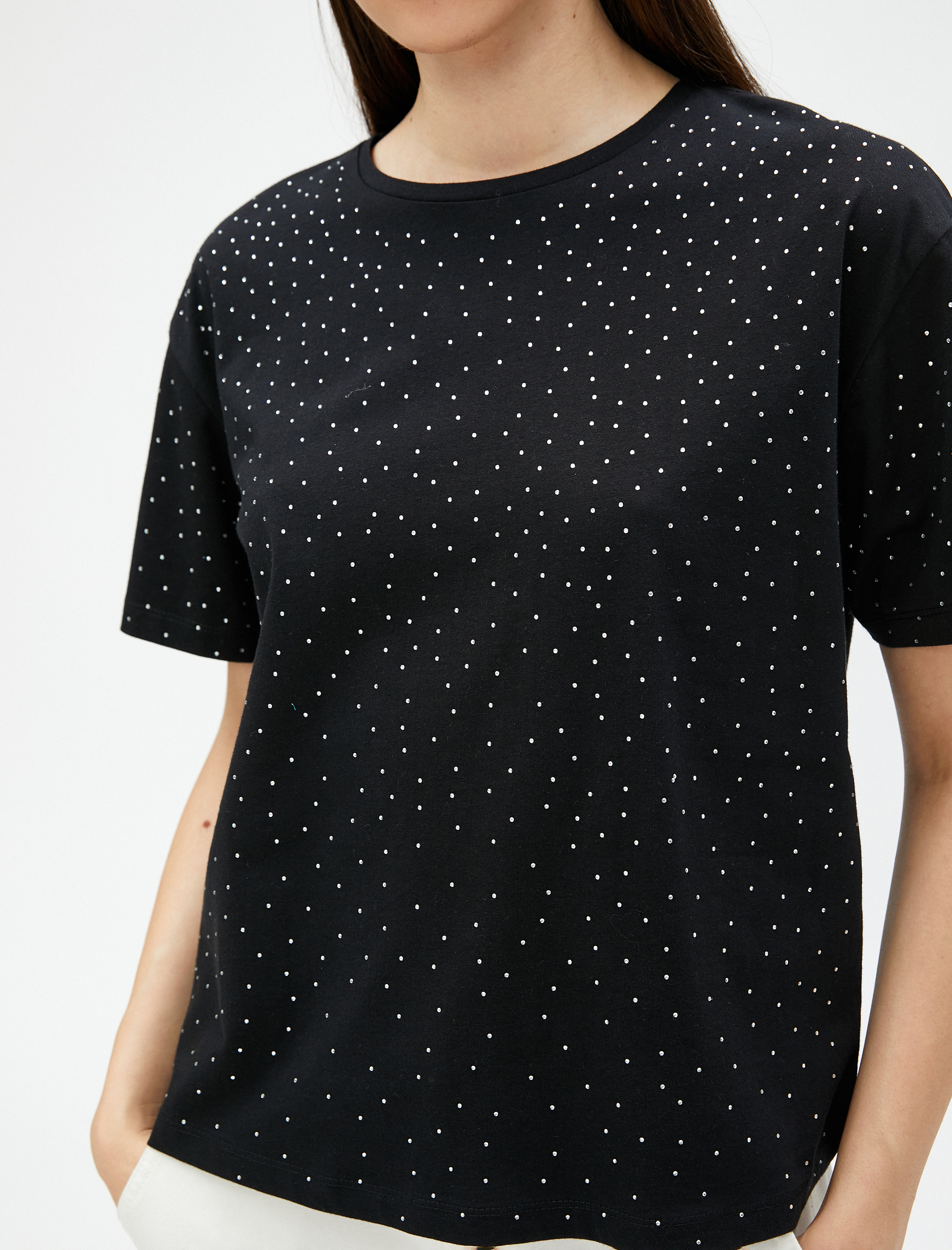   Taşlı Tişört Kısa Kollu Bisiklet Yaka Pamuklu