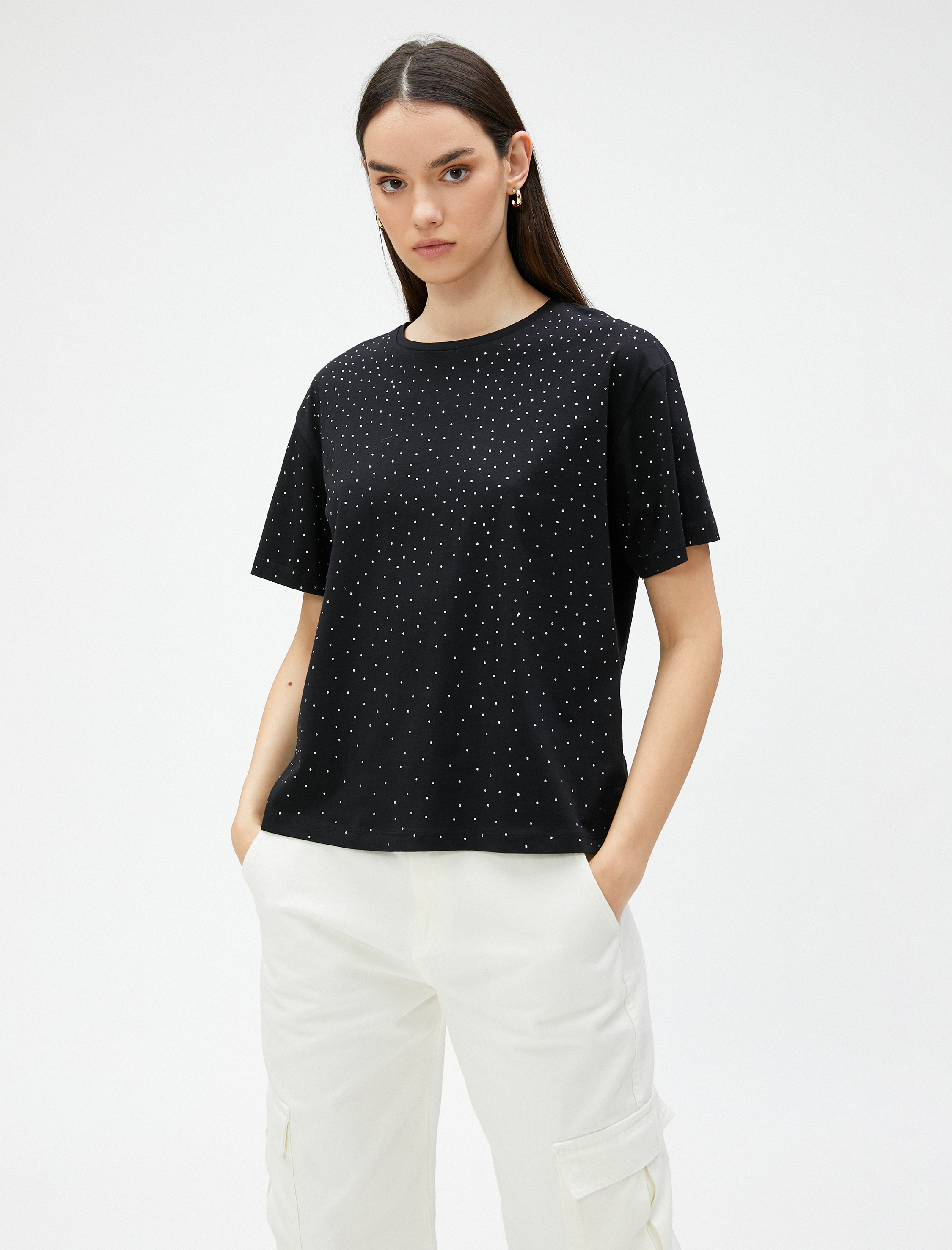   Taşlı Tişört Kısa Kollu Bisiklet Yaka Pamuklu