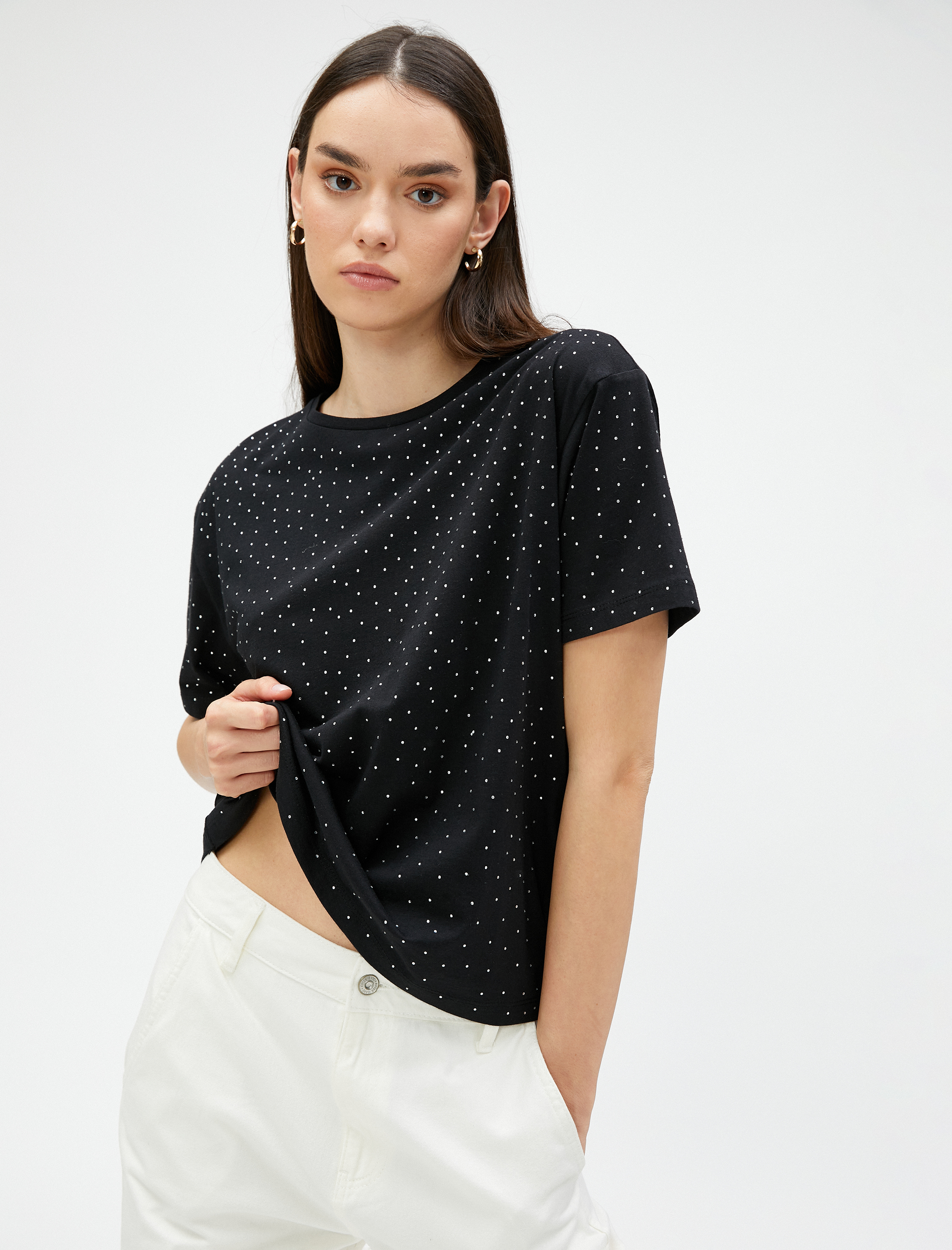   Taşlı Tişört Kısa Kollu Bisiklet Yaka Pamuklu