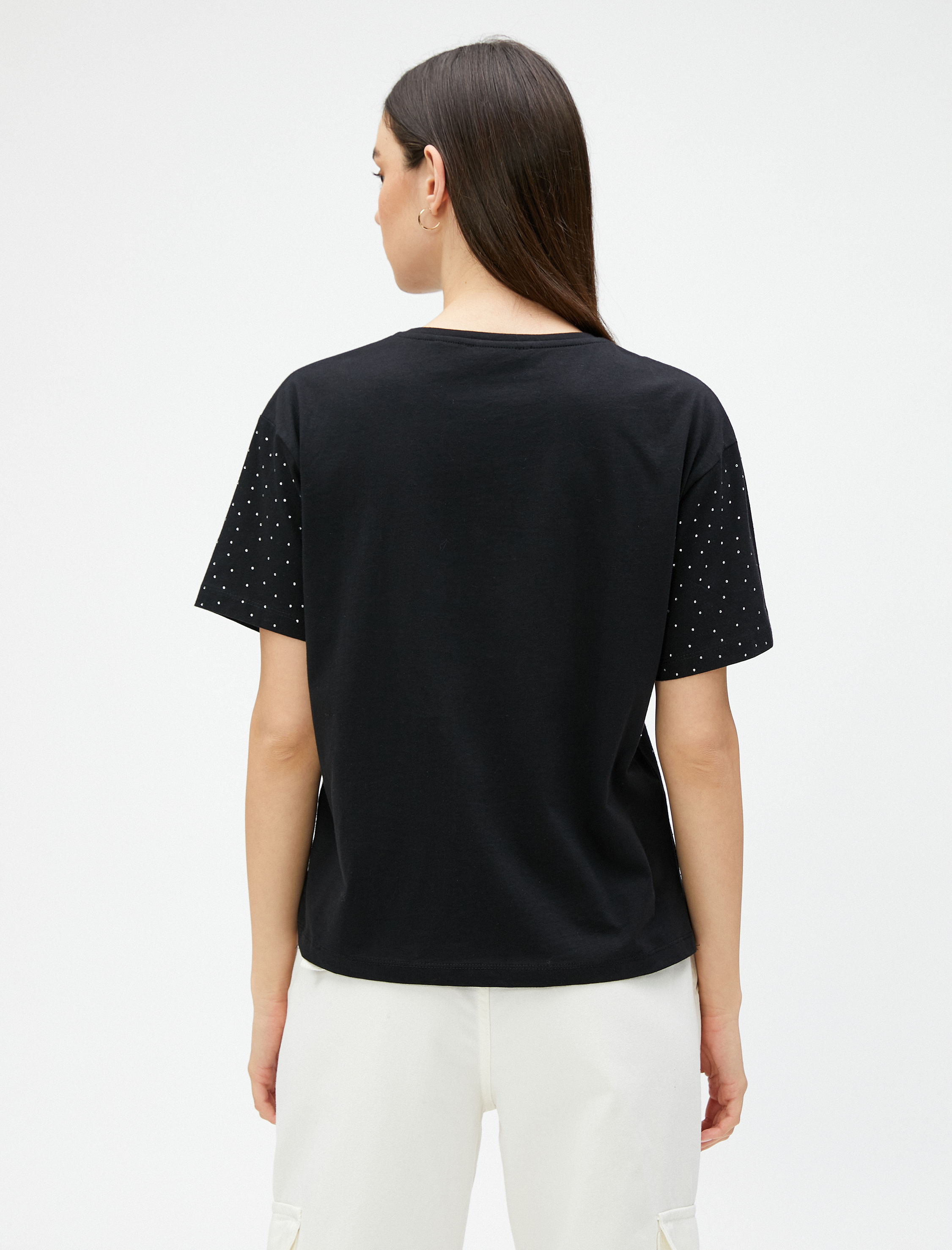   Taşlı Tişört Kısa Kollu Bisiklet Yaka Pamuklu