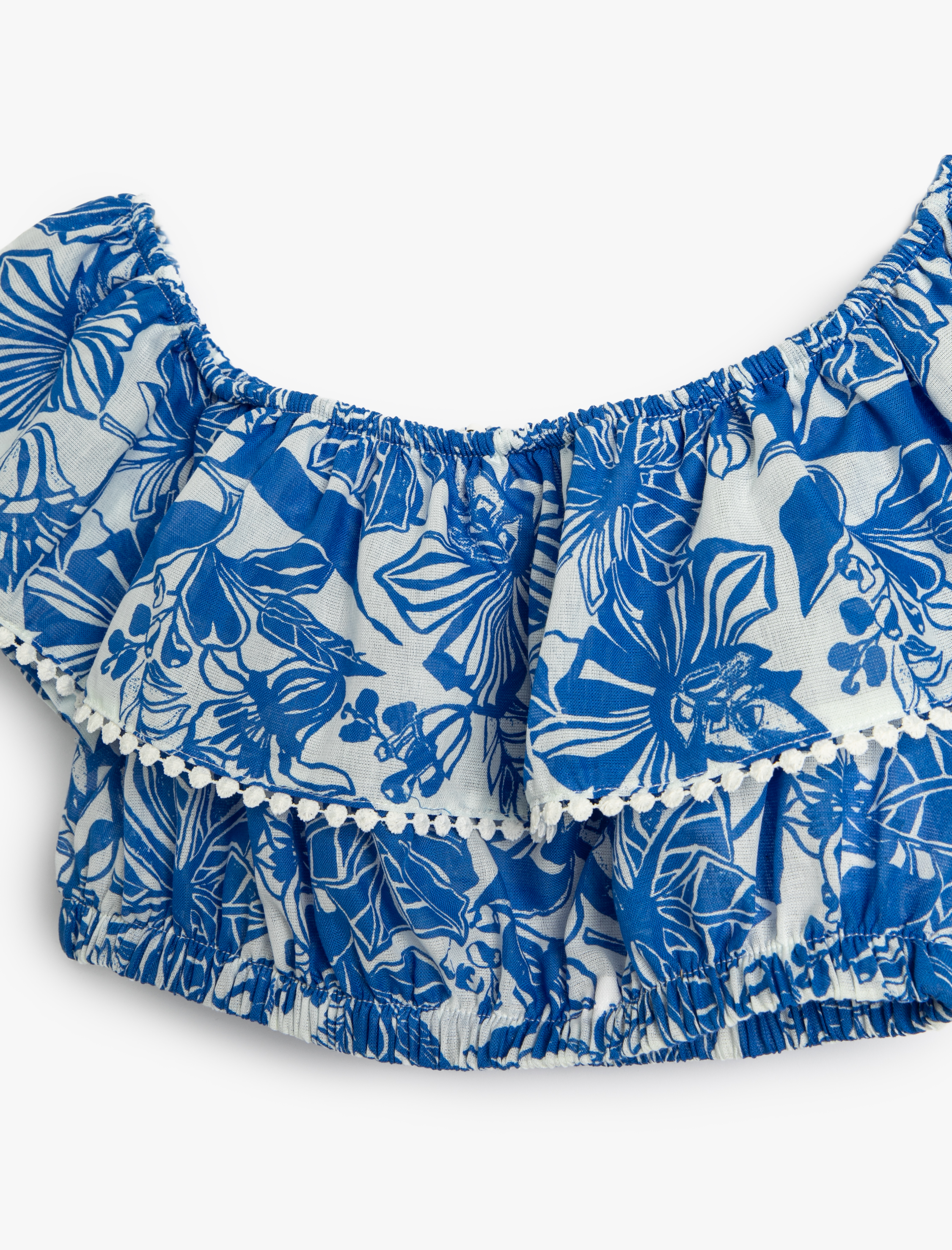  Kız Çocuk Crop Bluz Düşük Omuz Fırfırlı Çiçekli Viskoz