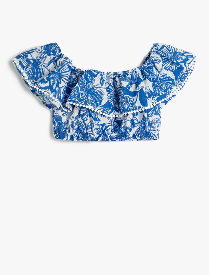 Kız Çocuk Crop Bluz Düşük Omuz Fırfırlı Çiçekli Viskoz