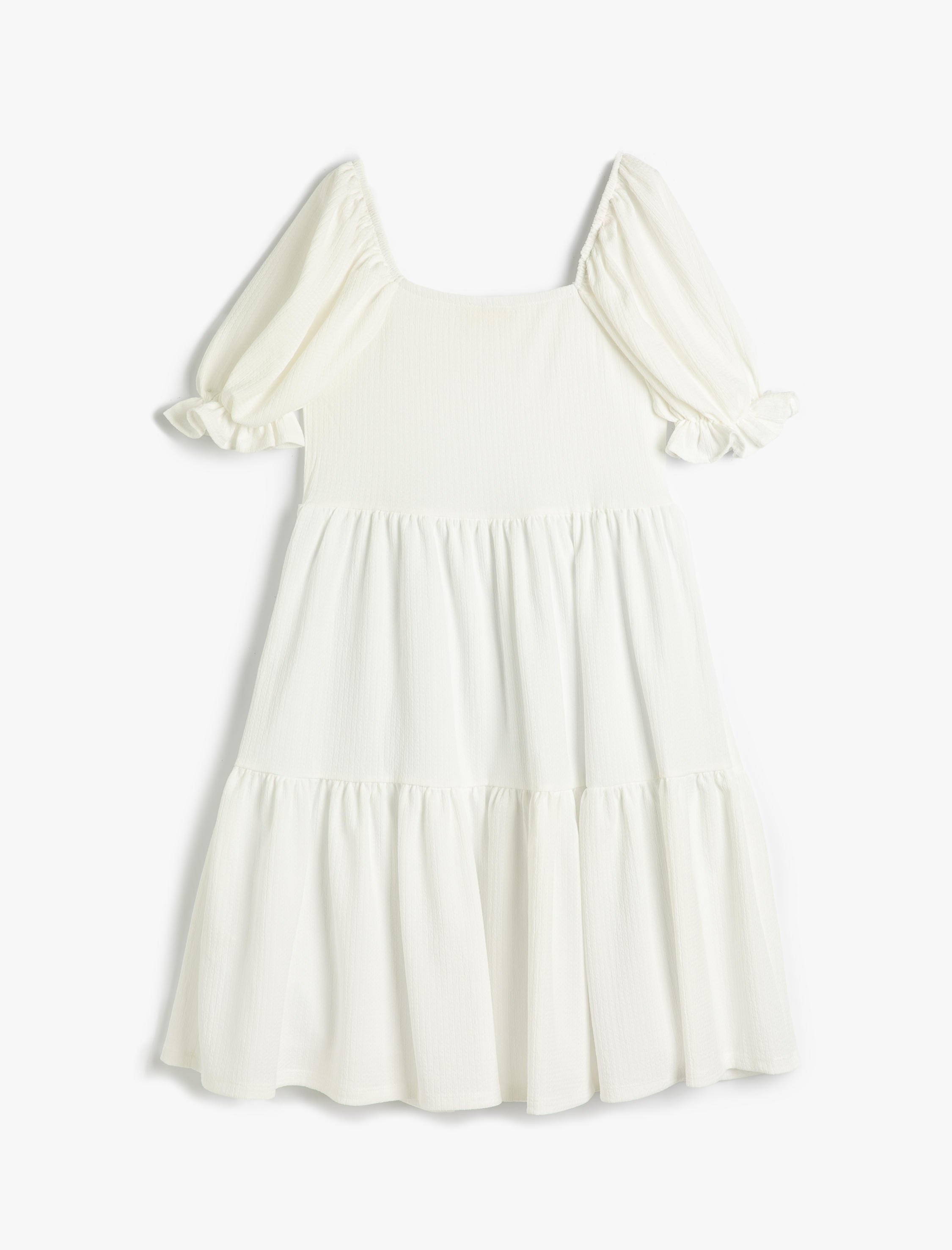  Kız Çocuk Elbise Kısa Kollu Fırfırlı Midi Boy Kare Yaka