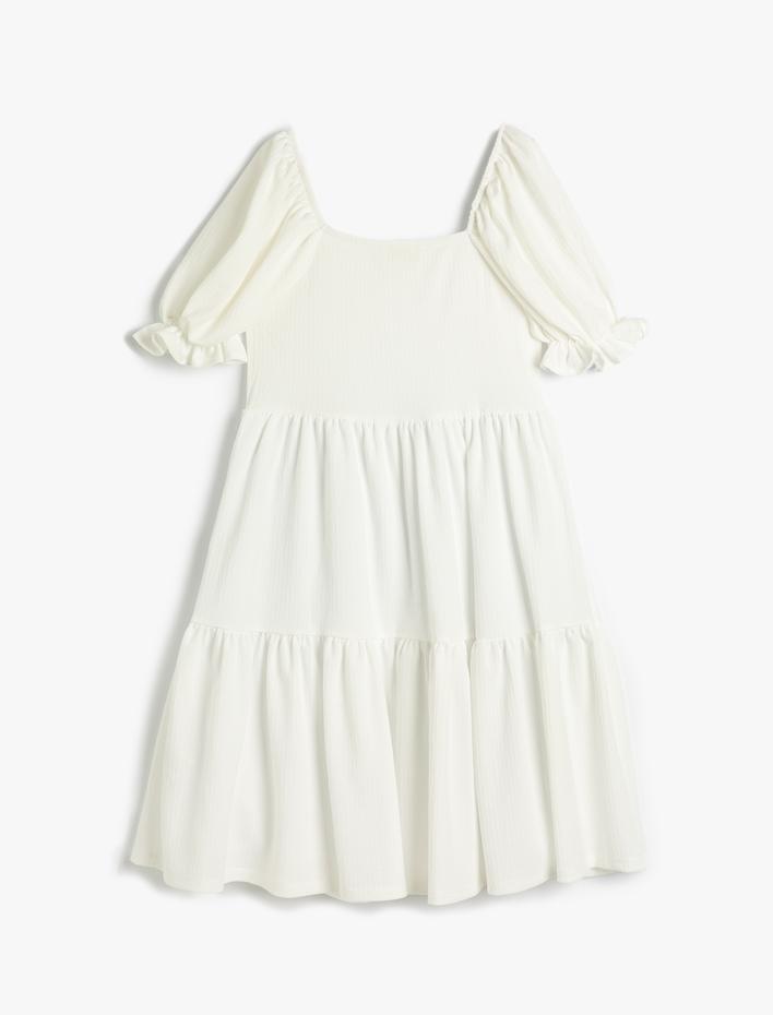 Kız Çocuk Elbise Kısa Kollu Fırfırlı Midi Boy Kare Yaka