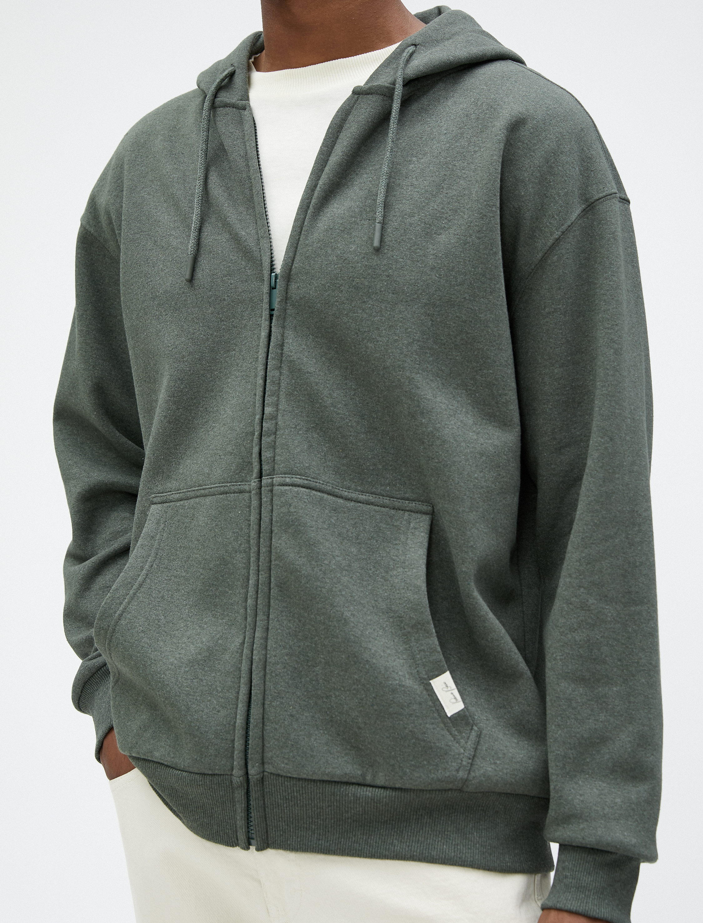   Oversize Fermuarlı Sweatshirt Kapşonlu Cep Detaylı Etiket Baskılı Şardonlu