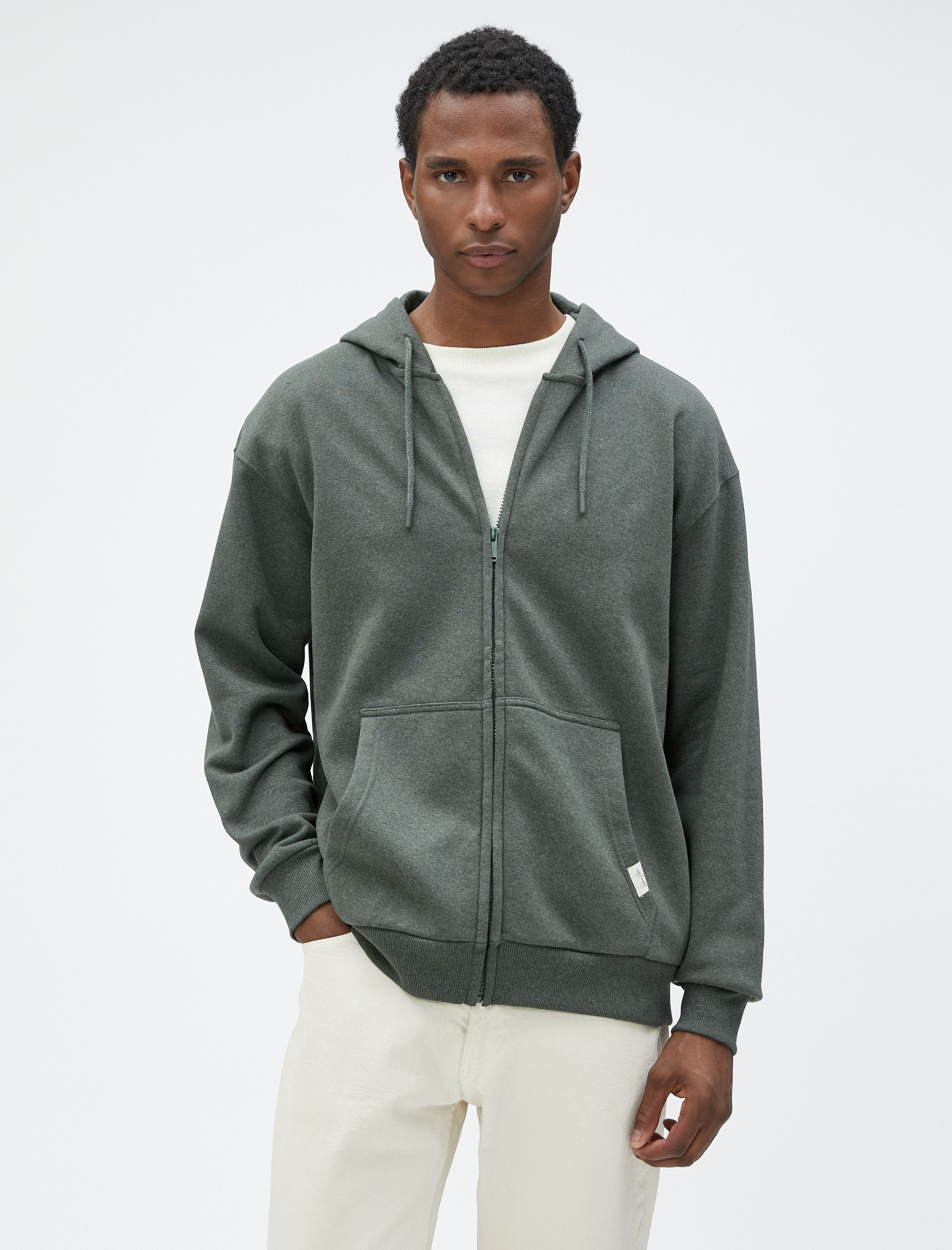   Oversize Fermuarlı Sweatshirt Kapşonlu Cep Detaylı Etiket Baskılı Şardonlu