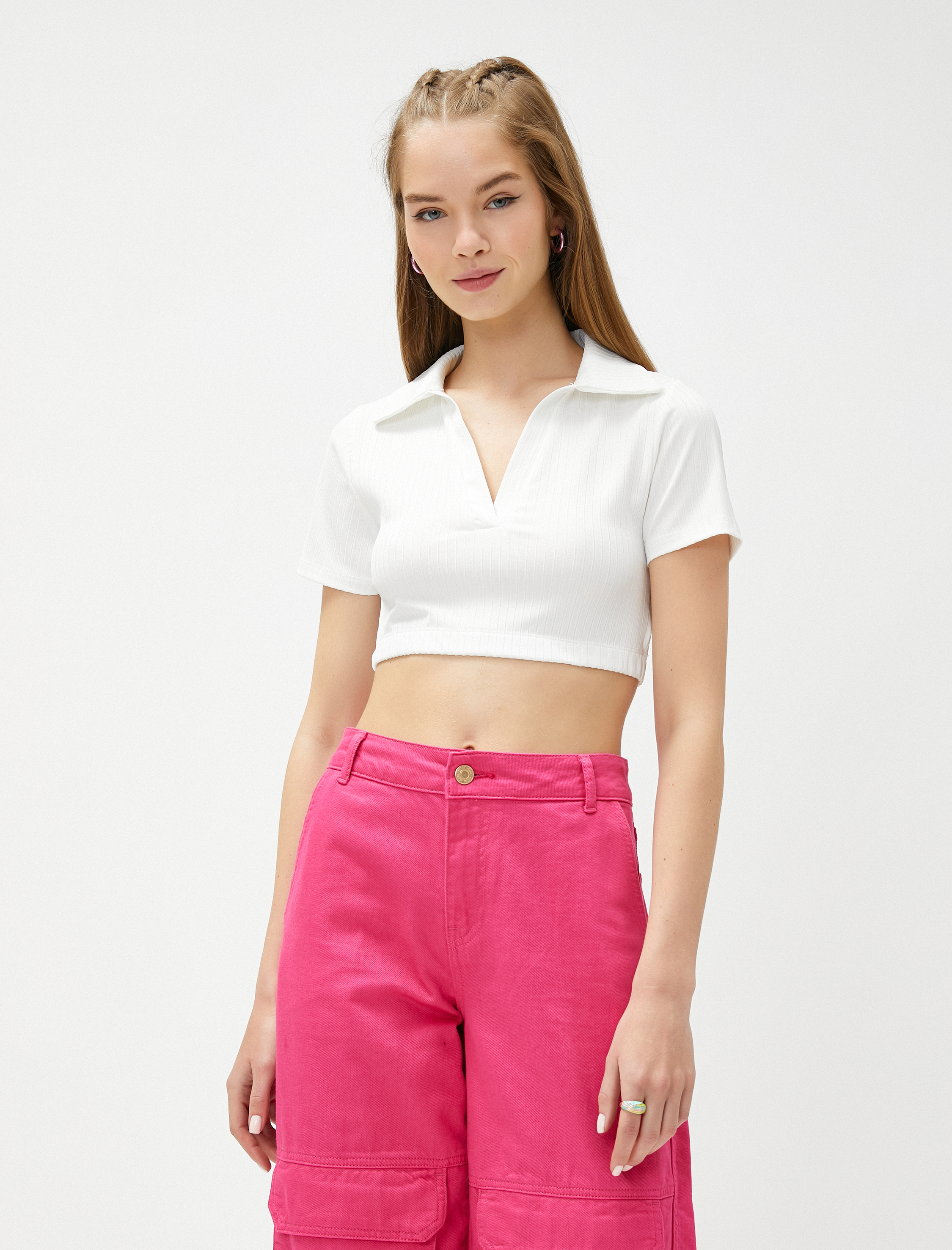   Polo Yaka Tişört Crop Fitilli Kısa Kollu