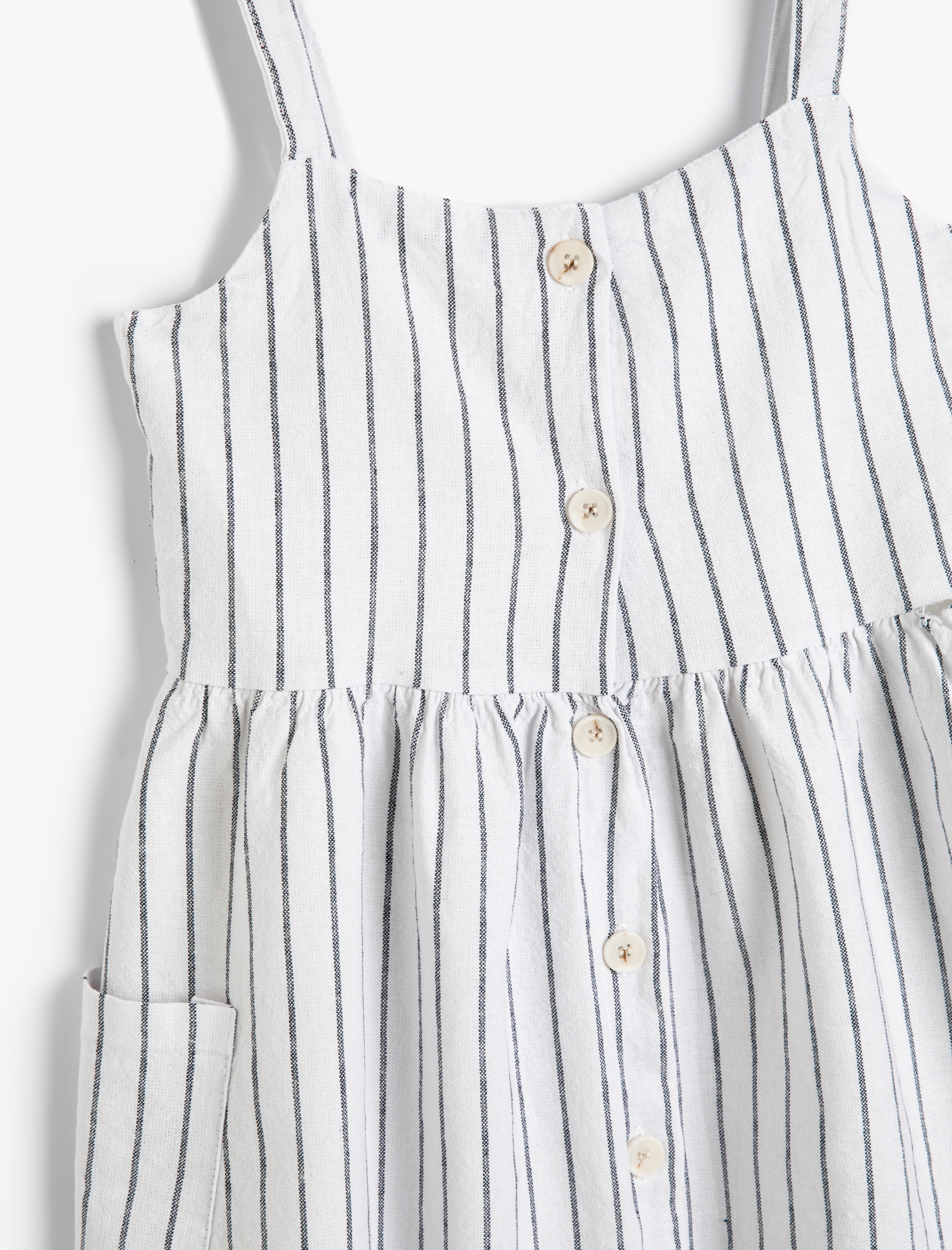  Kız Çocuk Keten Elbise Askılı Düğme Kapamalı Cepli Astarlı