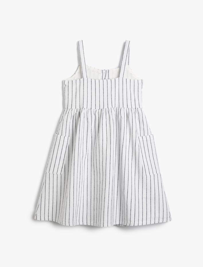 Kız Çocuk Keten Elbise Askılı Düğme Kapamalı Cepli Astarlı