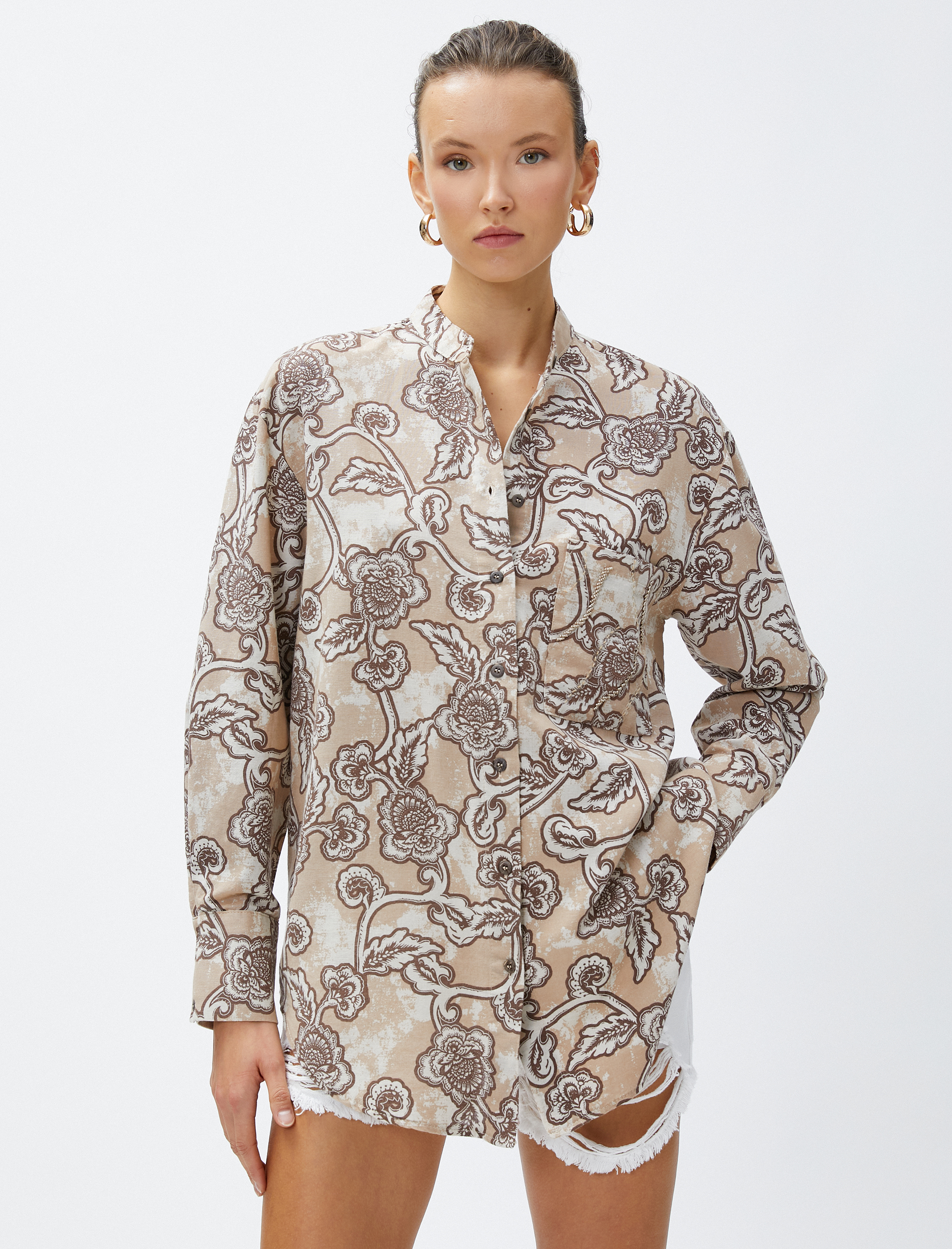   Oversize Gömlek Hakim Yaka Keten Karışımlı