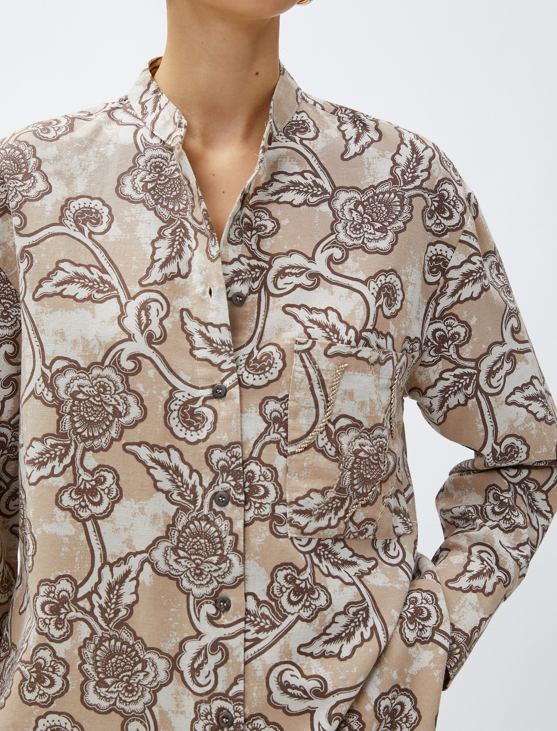   Oversize Gömlek Hakim Yaka Keten Karışımlı