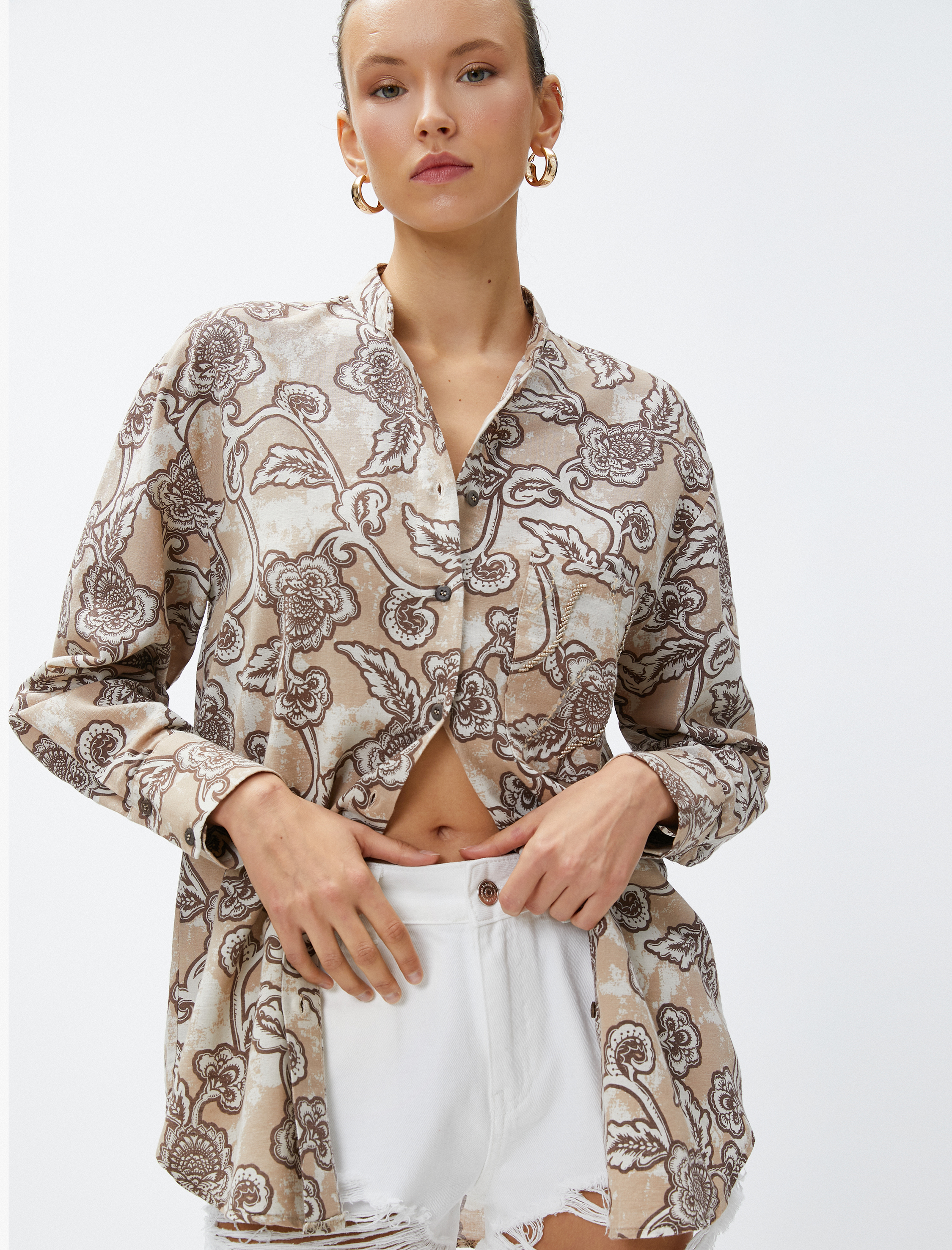   Oversize Gömlek Hakim Yaka Keten Karışımlı