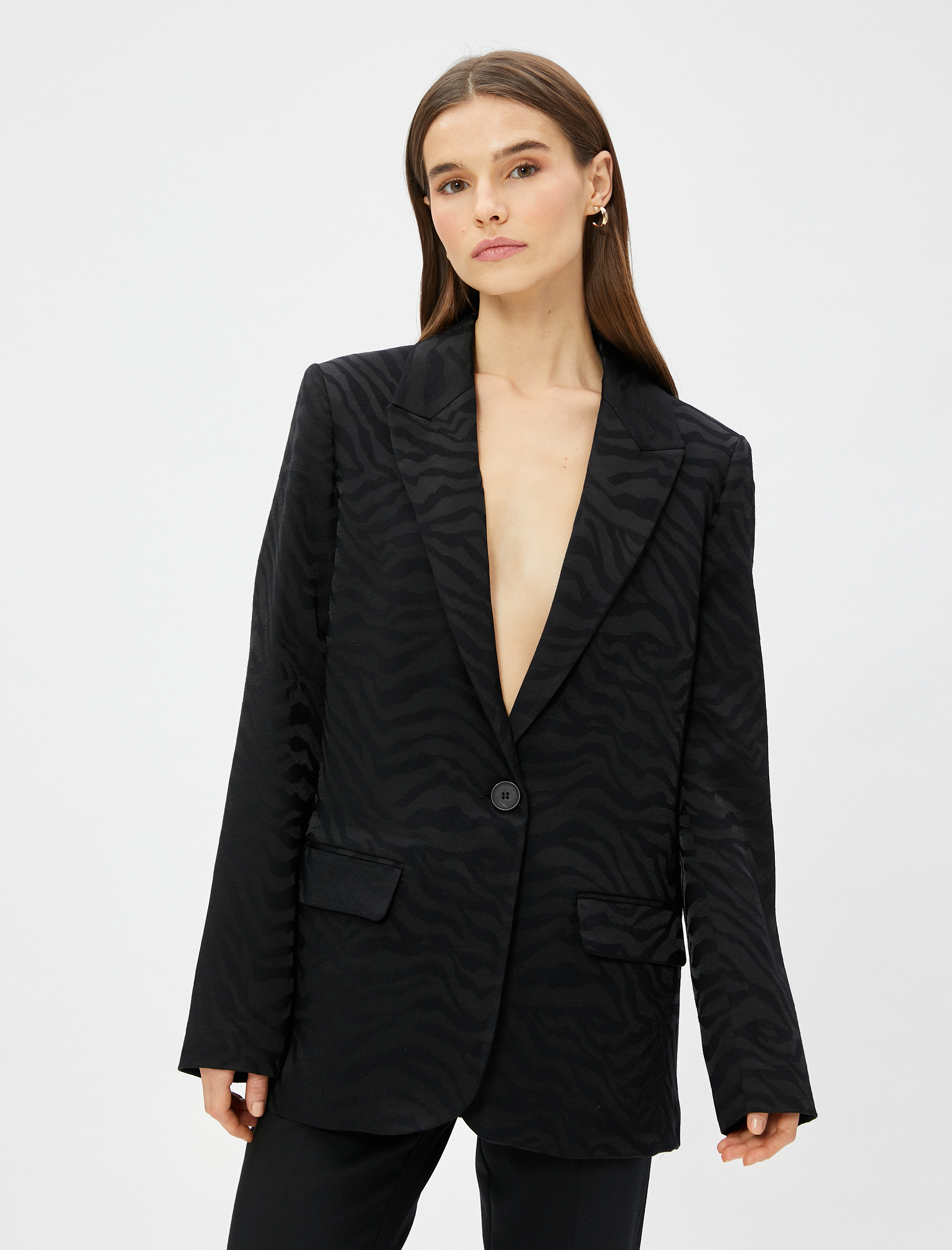 Zebra Desenli Oversize Blazer Ceket Tek Düğmeli