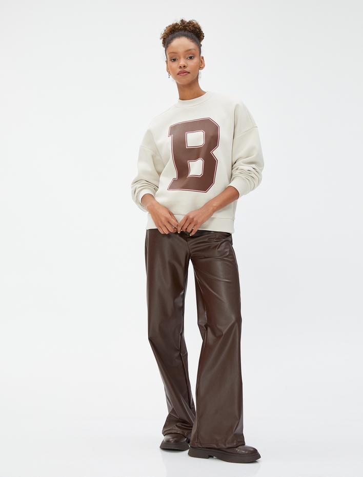  Şardonlu Bisiklet Yaka Sweatshirt Harf Baskılı Uzun Kollu Ribanalı