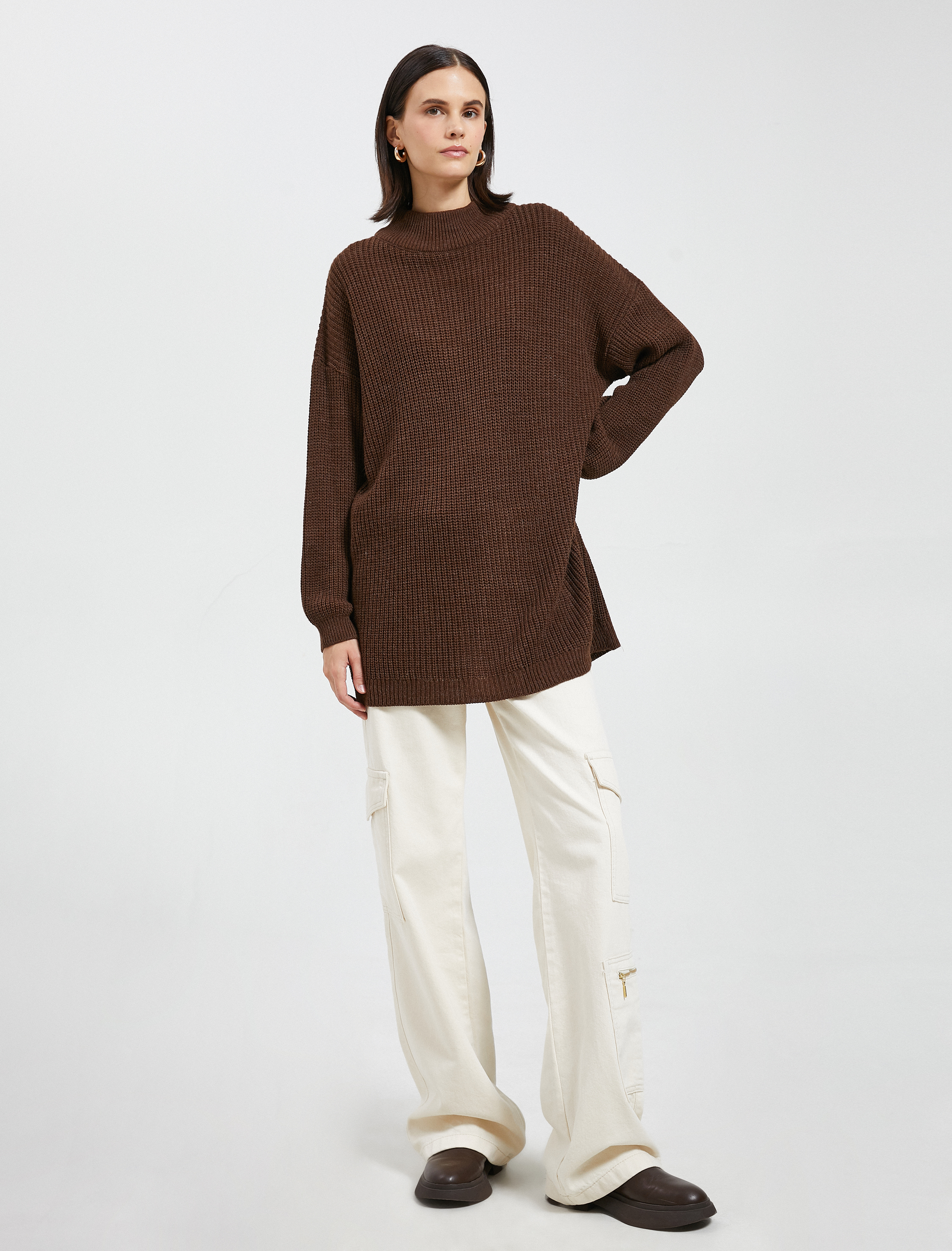   Oversize Yarım Balıkçı Yaka Kazak Akrilik Kaşmir Dokulu