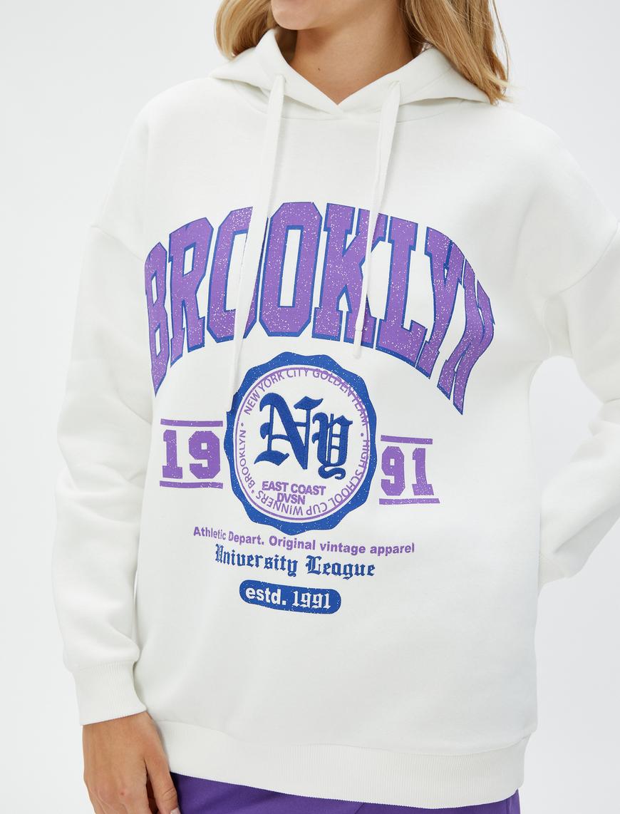   Şardonlu Kapüşonlu Sweatshirt Kolej Baskılı Ribanalı Uzun Kollu