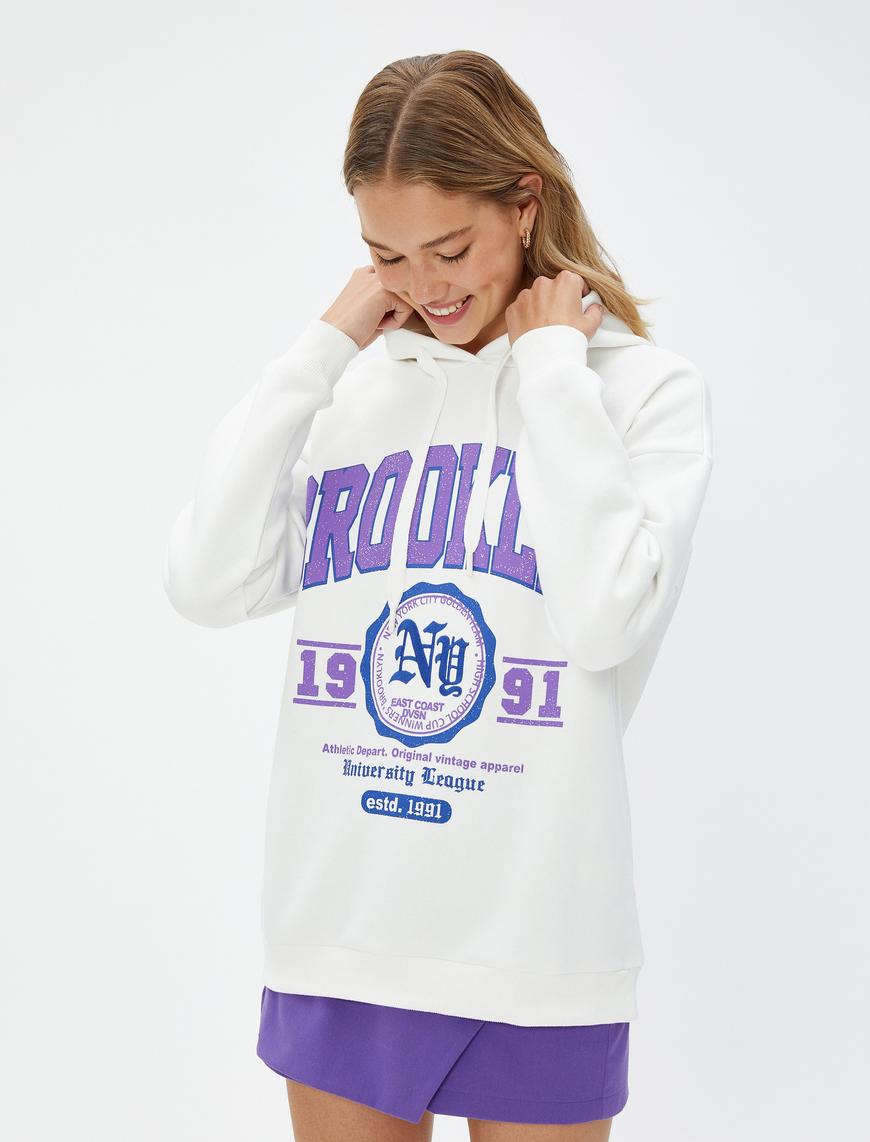   Şardonlu Kapüşonlu Sweatshirt Kolej Baskılı Ribanalı Uzun Kollu