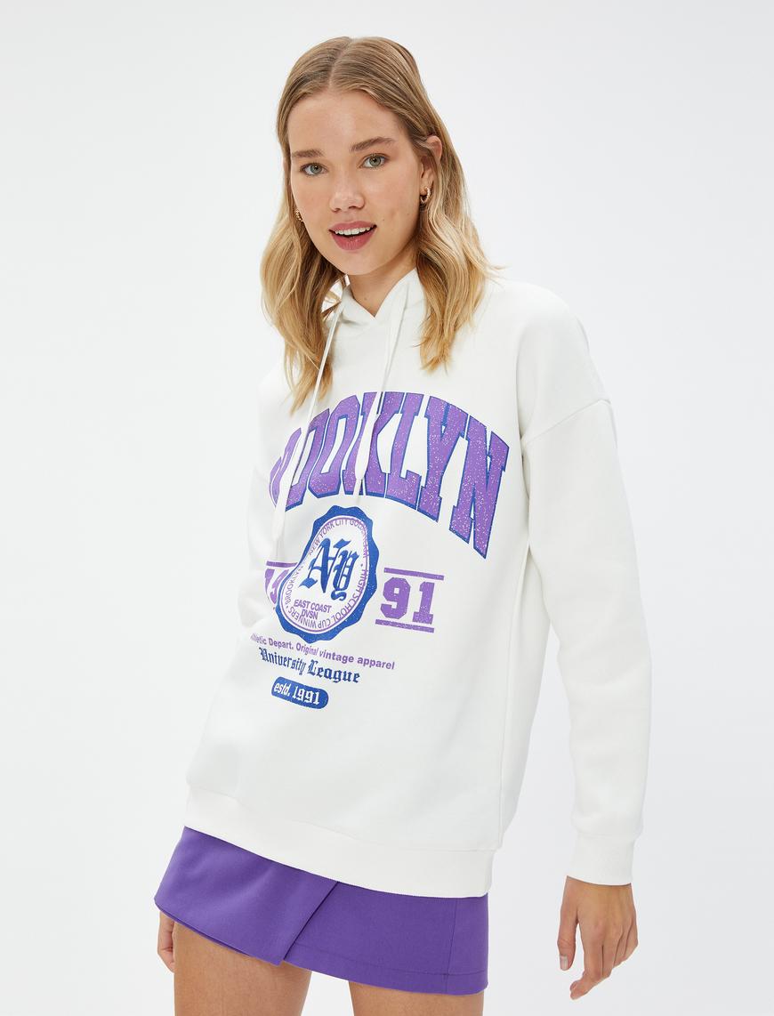   Şardonlu Kapüşonlu Sweatshirt Kolej Baskılı Ribanalı Uzun Kollu