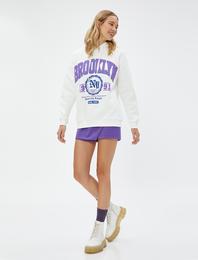 Şardonlu Kapüşonlu Sweatshirt Kolej Baskılı Ribanalı Uzun Kollu