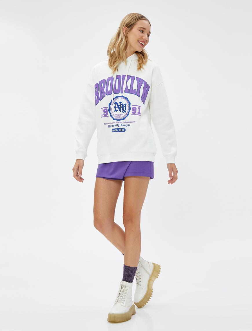   Şardonlu Kapüşonlu Sweatshirt Kolej Baskılı Ribanalı Uzun Kollu