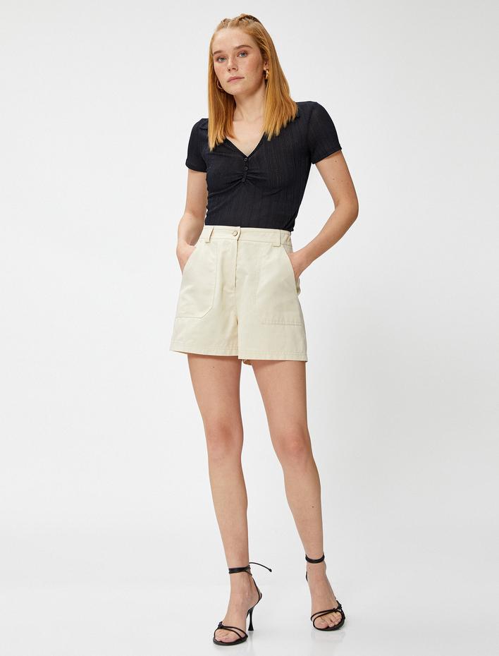  Crop Polo Tişört Çizgili Drape Detaylı