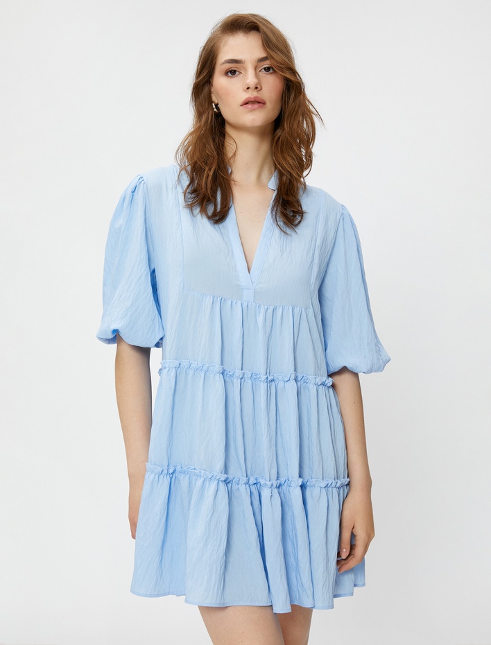  Mini Viskon Elbise Hakim Yaka Balon Kol Katlı