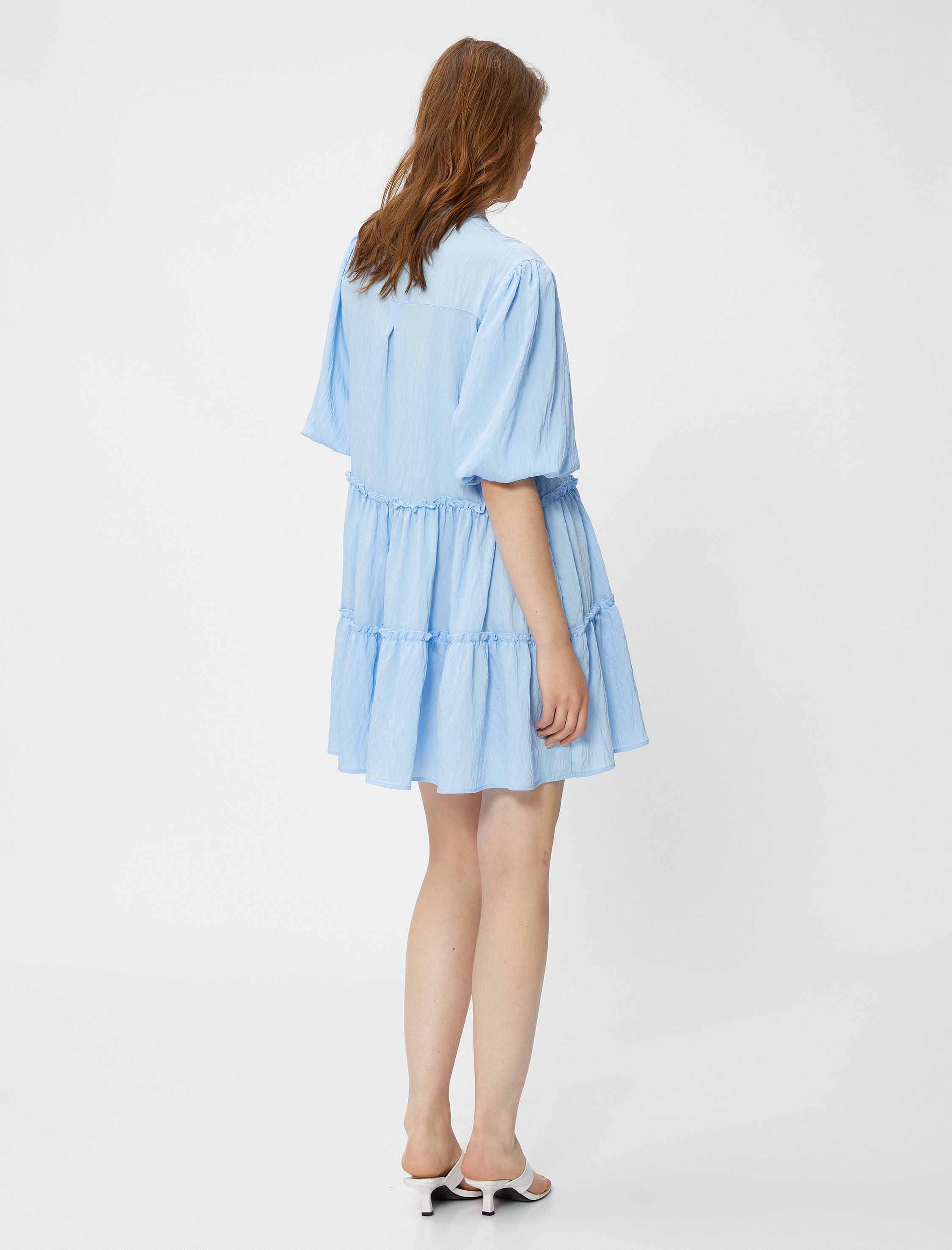 Mini Viskon Elbise Hakim Yaka Balon Kol Katlı