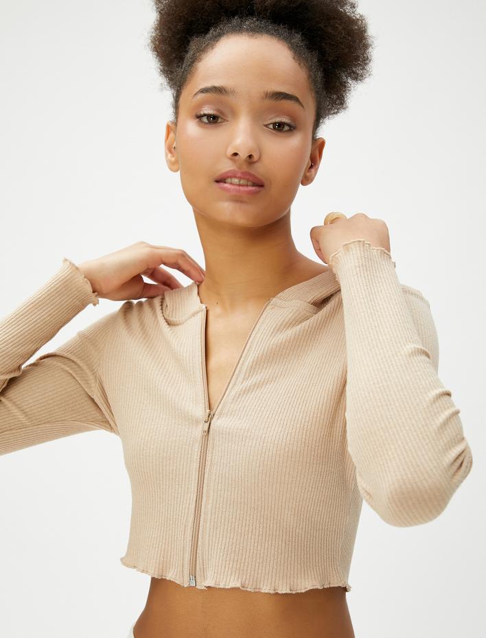  Kapüşonlu Hırka Crop Fermuarlı Kaşkorse Dikiş Detaylı