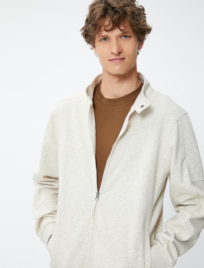  Fermuarlı Sweatshirt Cep Detaylı Yuvarlak Yaka Çıtçıt Düğmeli Şardonlu