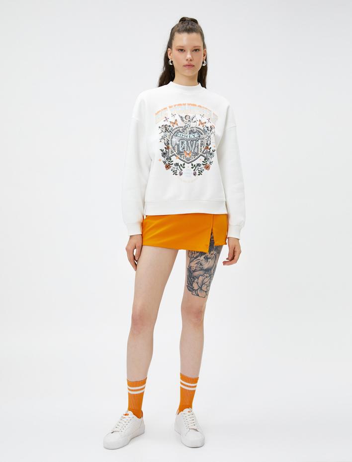  Şardonlu Bisiklet Yaka Sweatshirt Baskılı Ribanalı Uzun Kollu