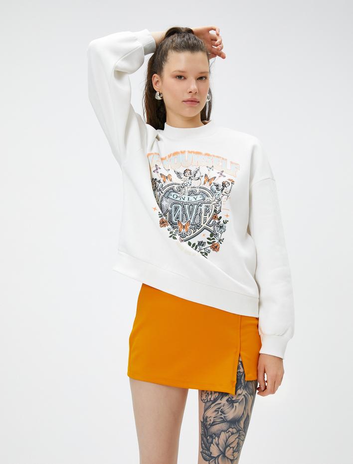  Şardonlu Bisiklet Yaka Sweatshirt Baskılı Ribanalı Uzun Kollu