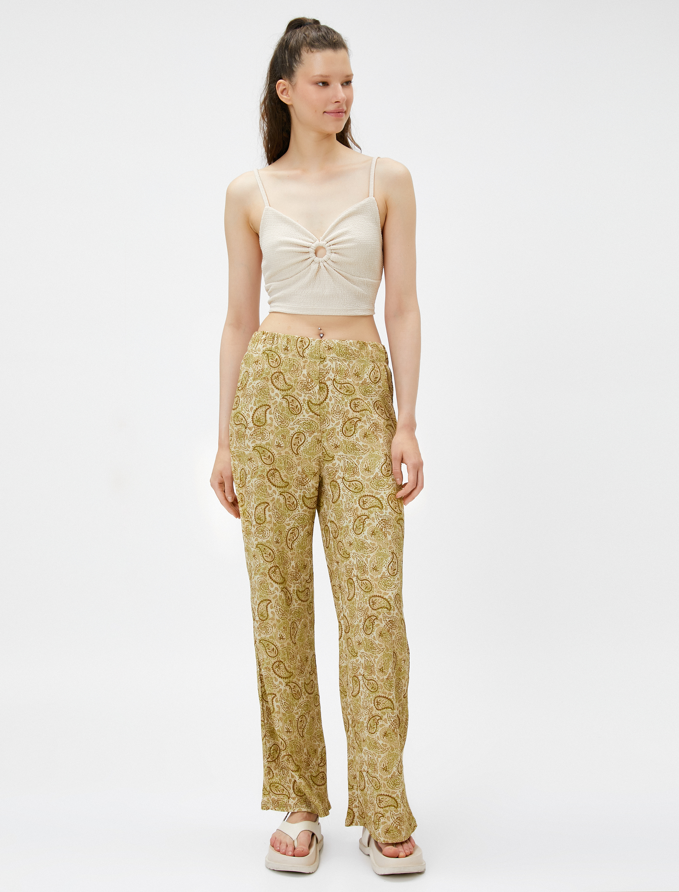   Bol Paça Pantolon Beli Lastikli Rahat Kesim Etnik Desenli Bürümcük