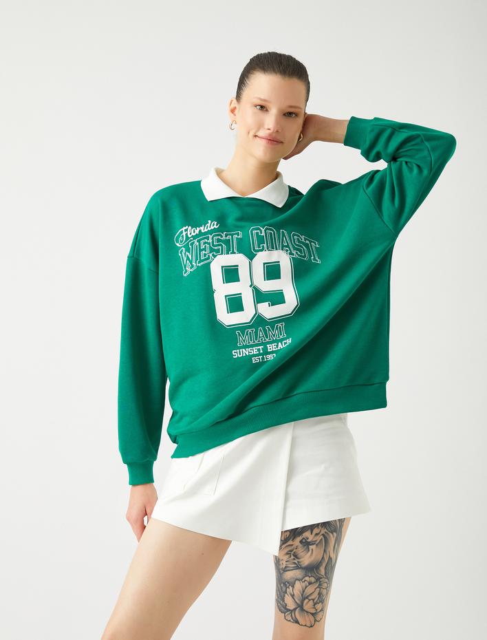 Oversize Sweatshirt Polo Yaka Kolej Baskılı Uzun Kollu