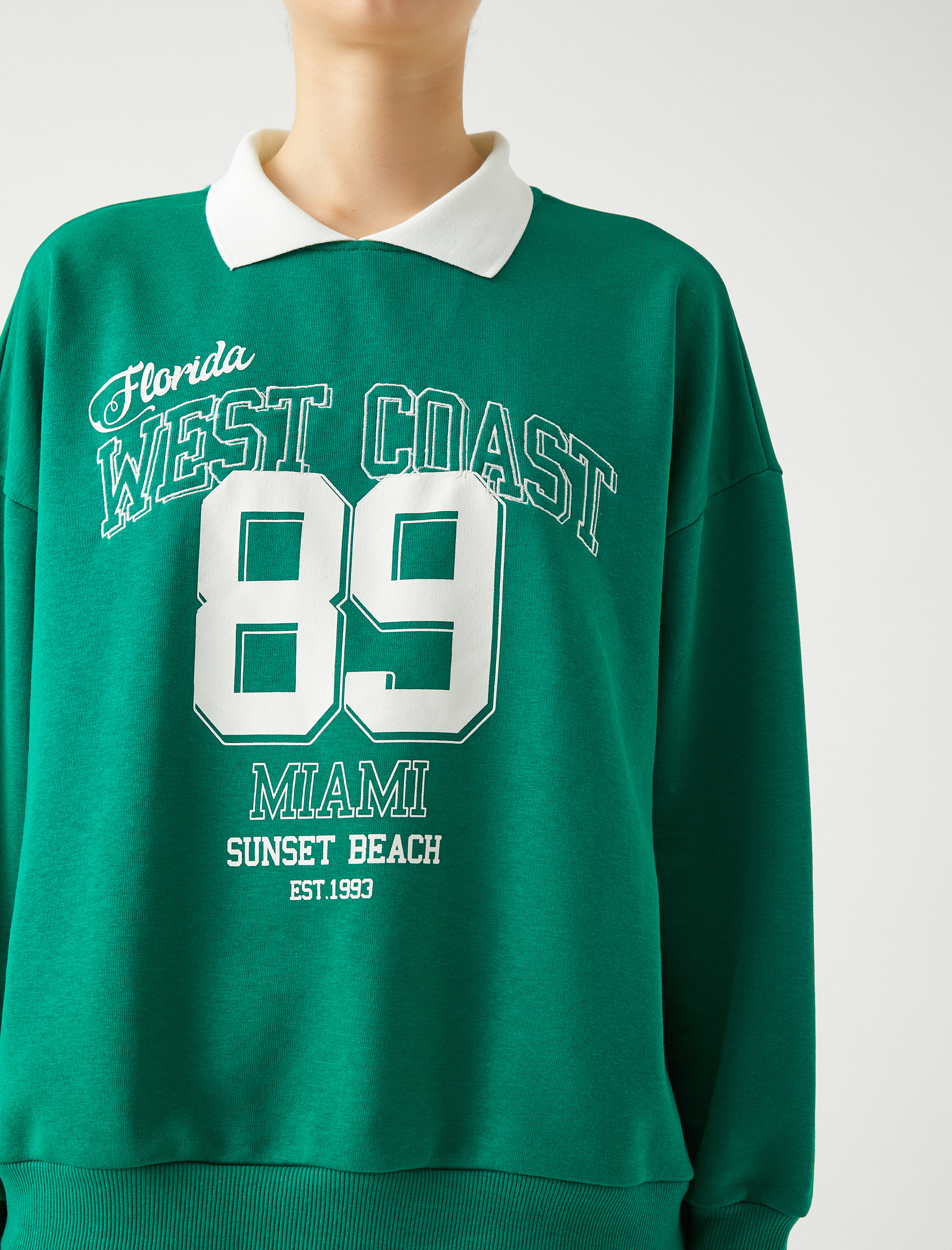 Oversize Sweatshirt Polo Yaka Kolej Baskılı Uzun Kollu