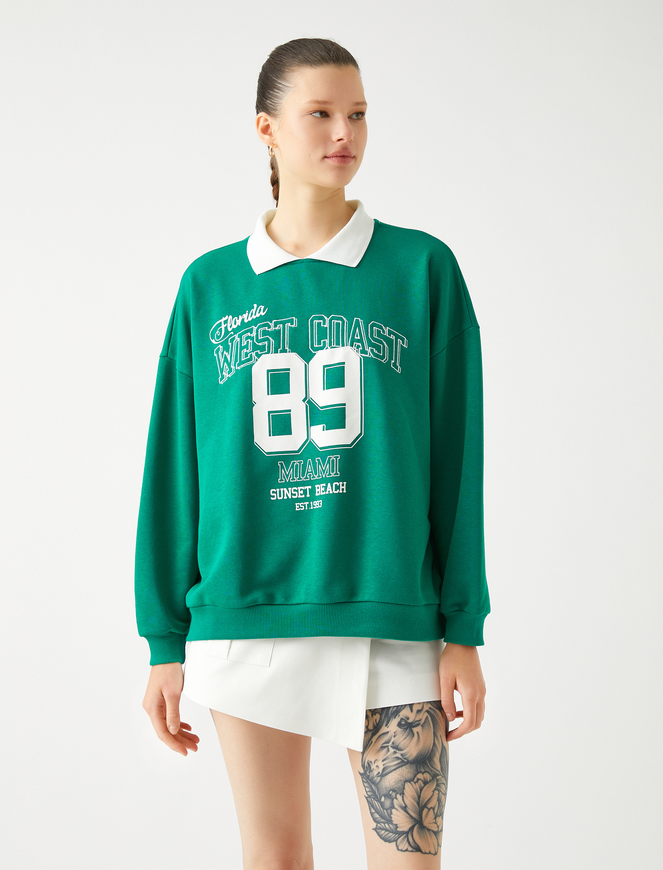 Oversize Sweatshirt Polo Yaka Kolej Baskılı Uzun Kollu