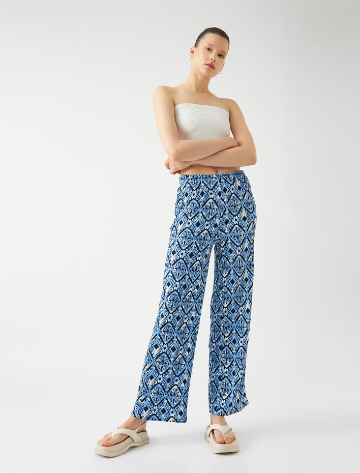  Bol Paça Pantolon Beli Lastikli Rahat Kesim Etnik Desenli Bürümcük