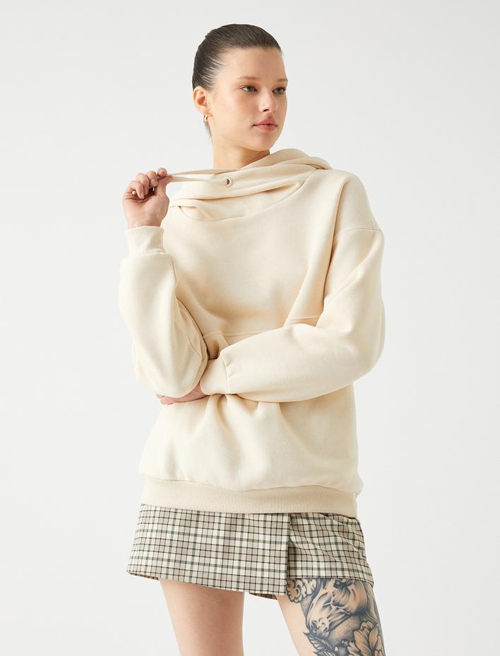  Şardonlu Kapüşonlu Oversize Sweatshirt Ribanalı Dikiş Detaylı