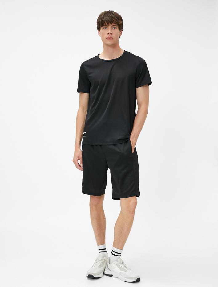  Spor Şort Slogan Baskılı Beli Bağcıklı Cepli