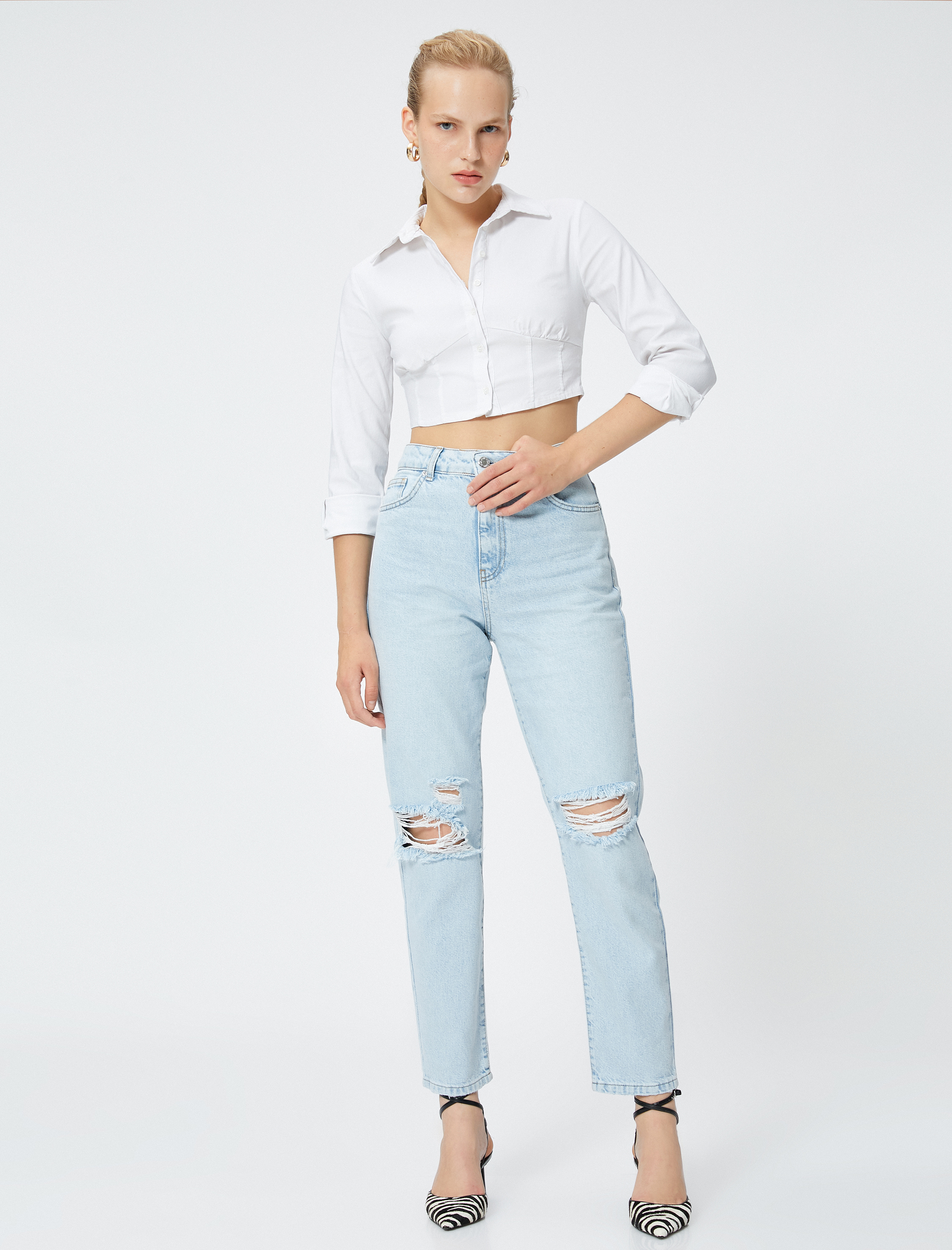   Yırtık Kot Pantolon Hafif Dar Paça - Mom Jeans