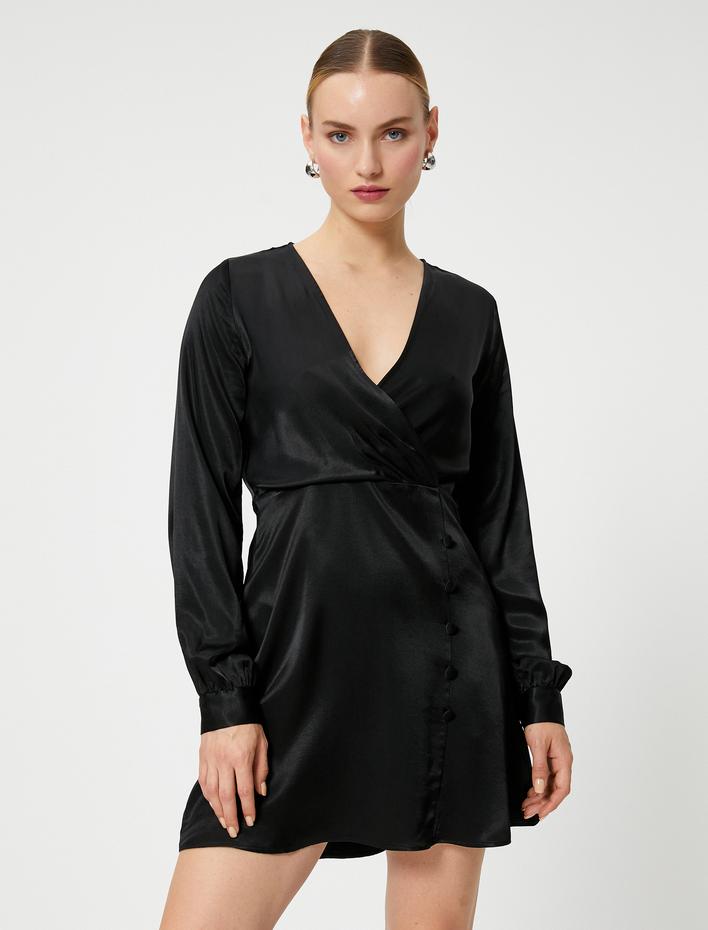  Saten Mini Elbise Anvelop Düğme Detaylı