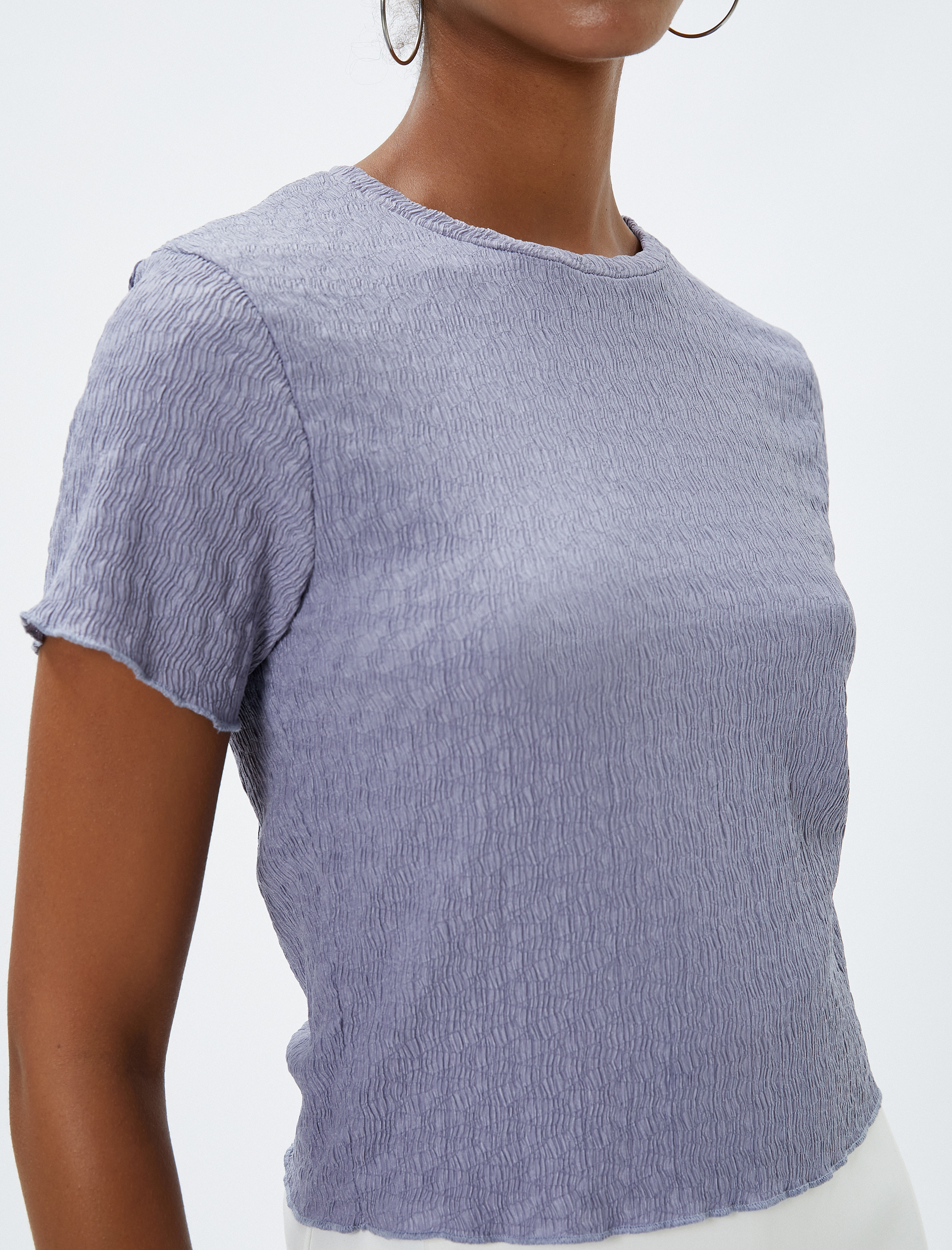   Crop Tişört Basic Dokulu Bisiklet Yaka Pamuklu Bürümcük