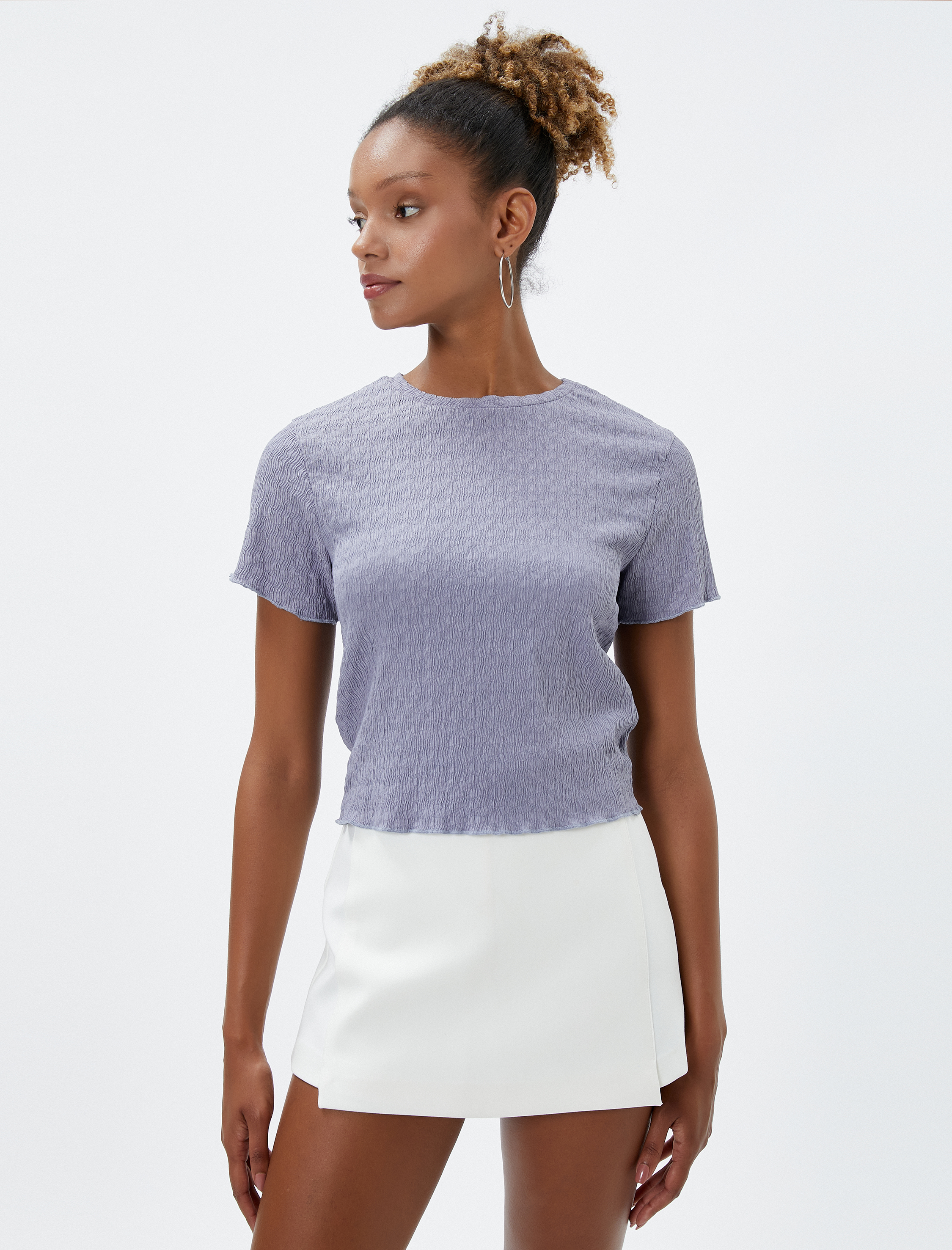   Crop Tişört Basic Dokulu Bisiklet Yaka Pamuklu Bürümcük