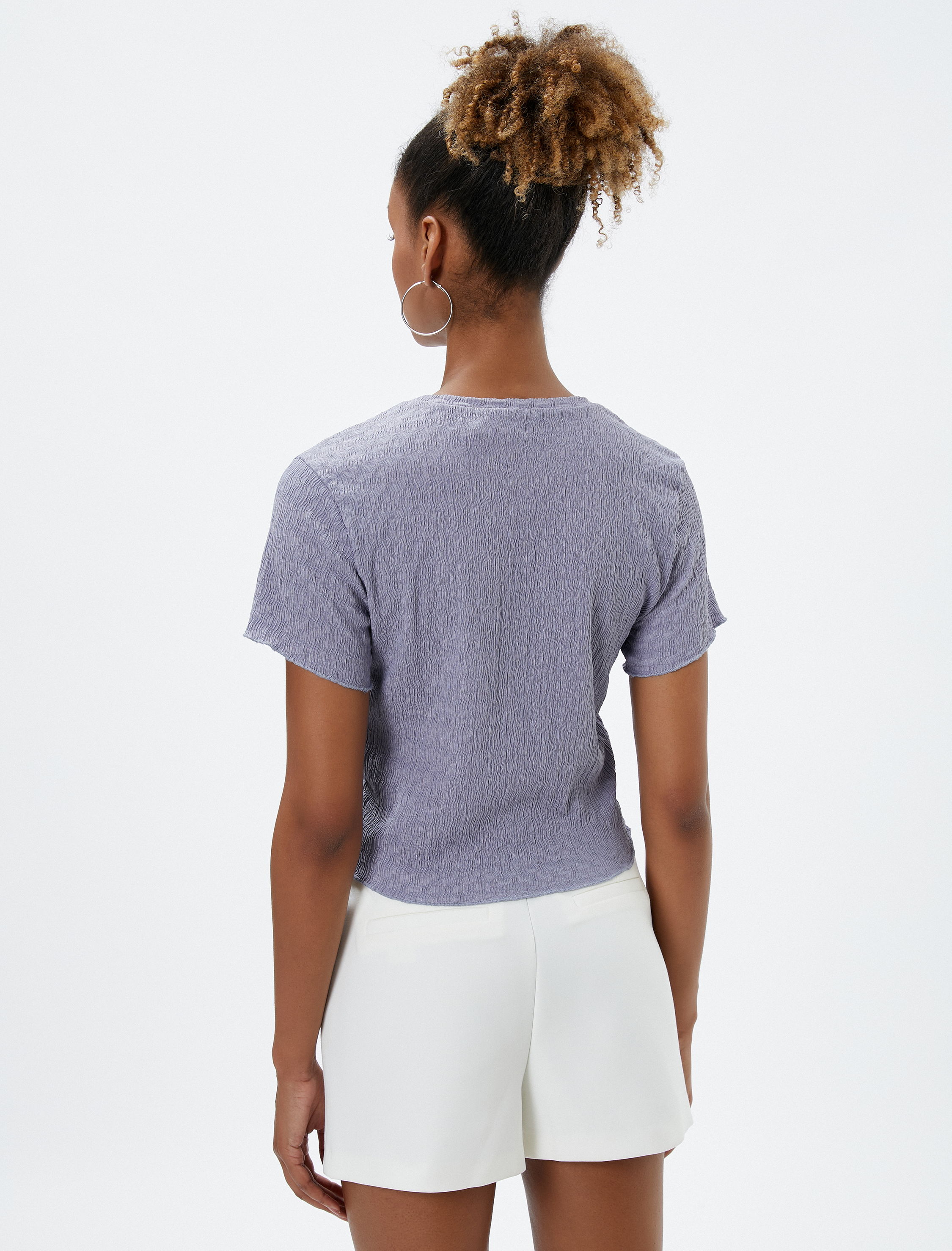   Crop Tişört Basic Dokulu Bisiklet Yaka Pamuklu Bürümcük