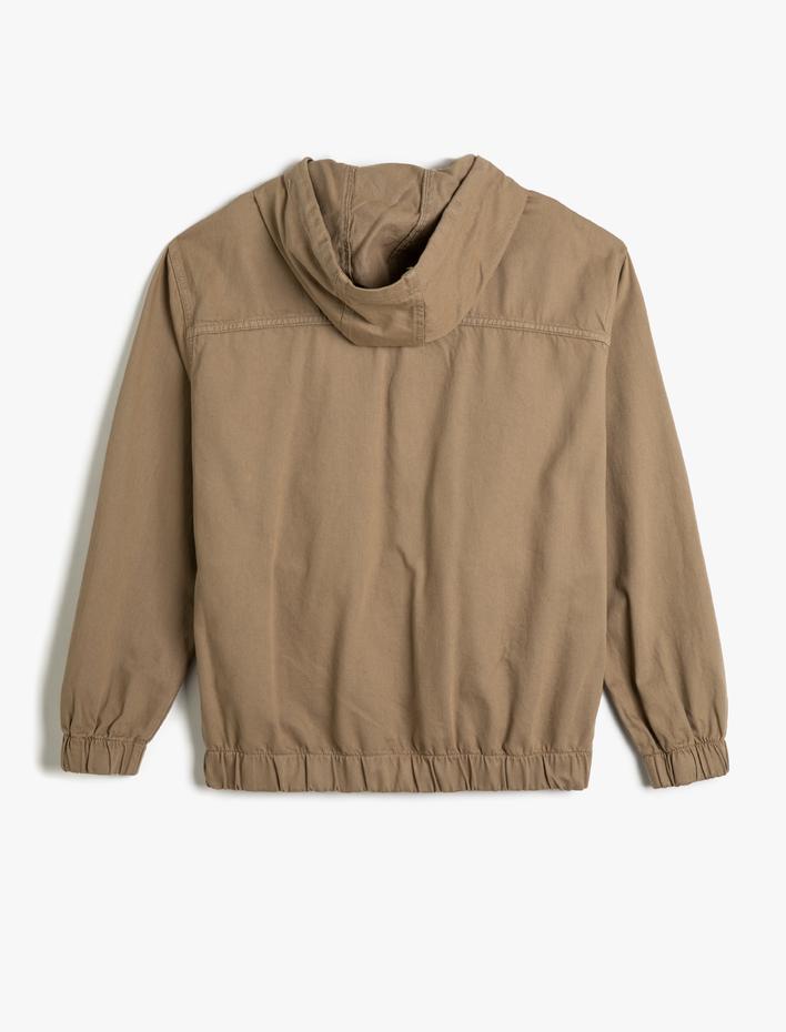  Kot Ceket Kolej İşlemeli Kapşonlu Fermuarlı Cepli Rahat Kesim