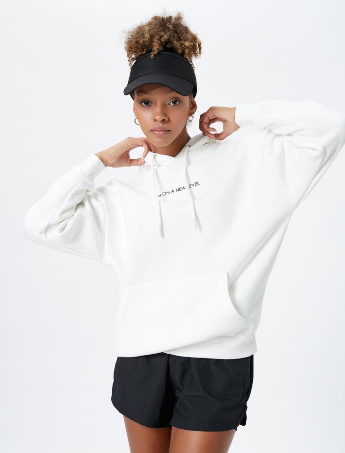  Spor Kapüşonlu Sweatshirt Şardonlu Baskılı Kanguru Cepli