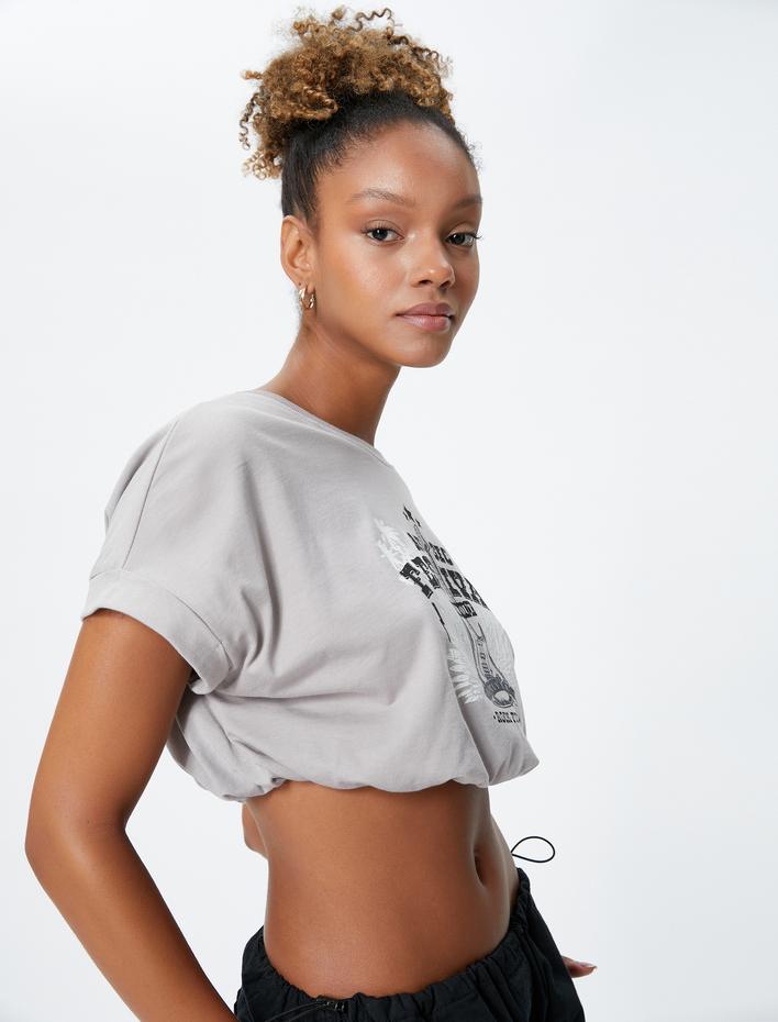  Crop Tişört Rahat Kesim Slogan Baskılı Bisiklet Yaka Kısa Kollu