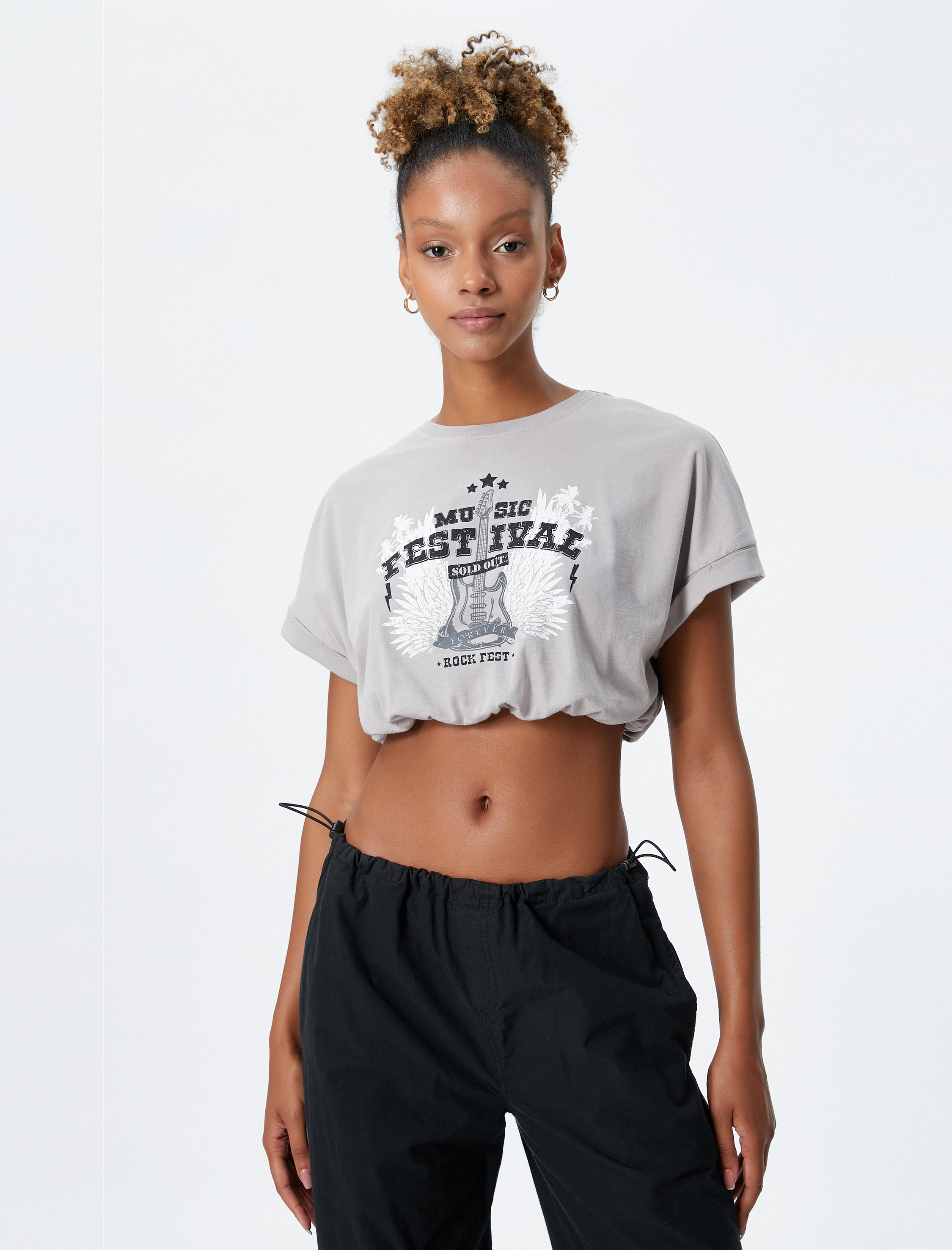   Crop Tişört Rahat Kesim Slogan Baskılı Bisiklet Yaka Kısa Kollu