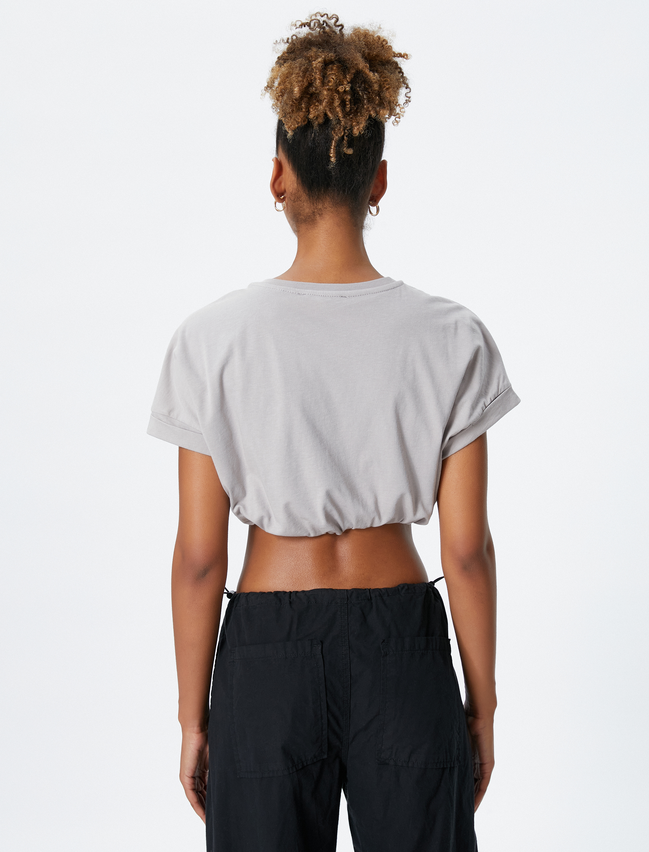   Crop Tişört Rahat Kesim Slogan Baskılı Bisiklet Yaka Kısa Kollu